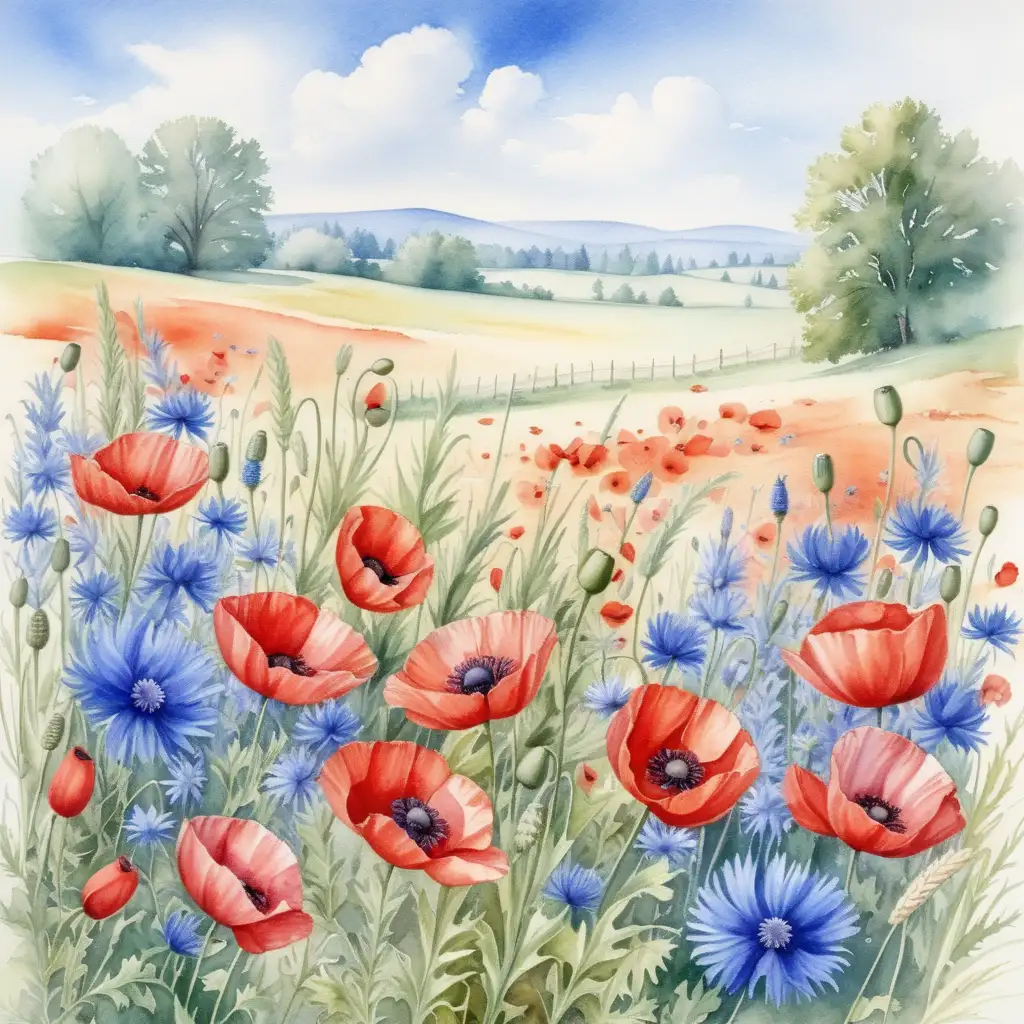 Summer Meadow with Poppies and Cornflowers Vibrant Watercolor Landscape