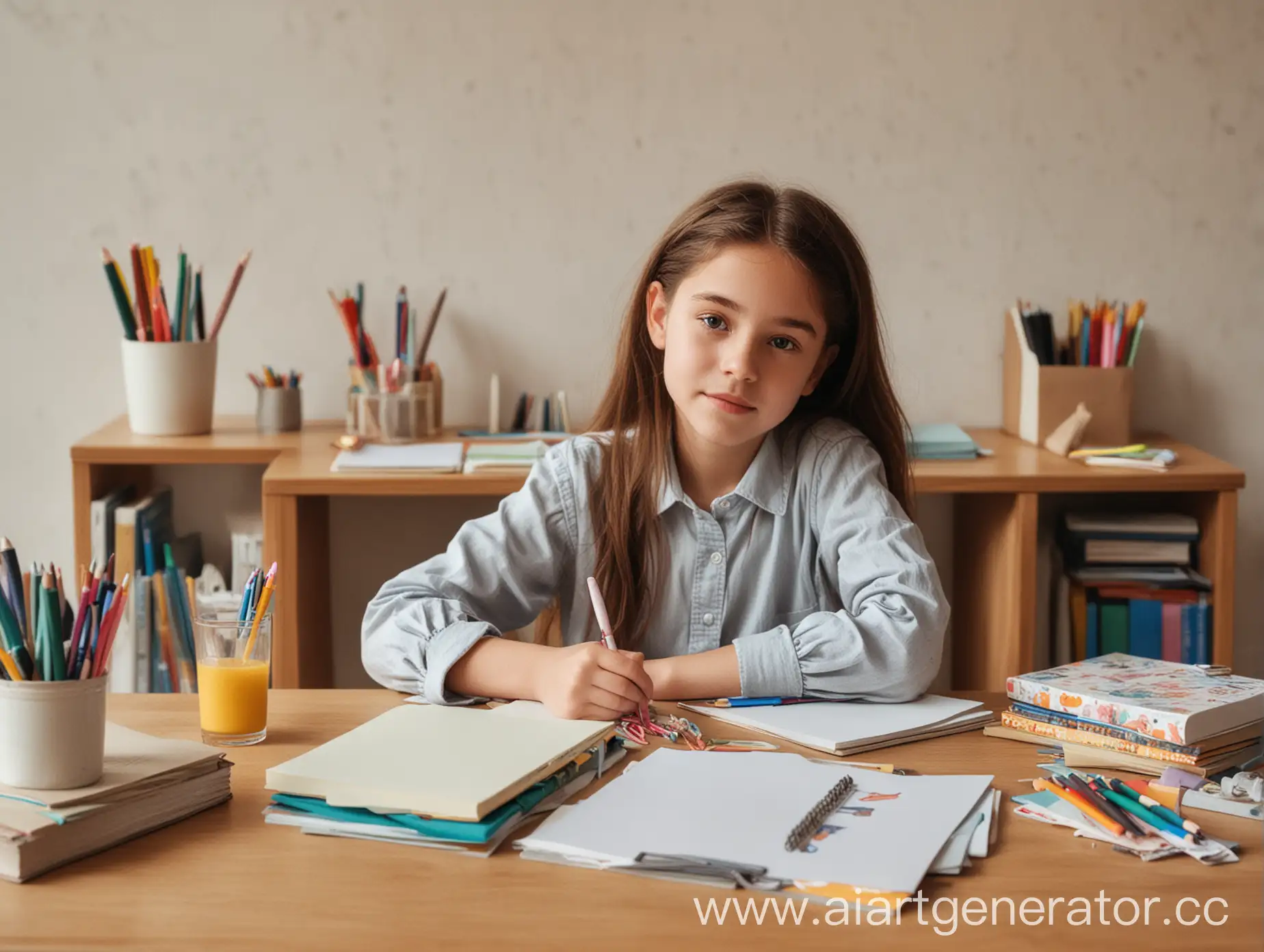 Young-Girl-Studying-with-Stationery-and-Books