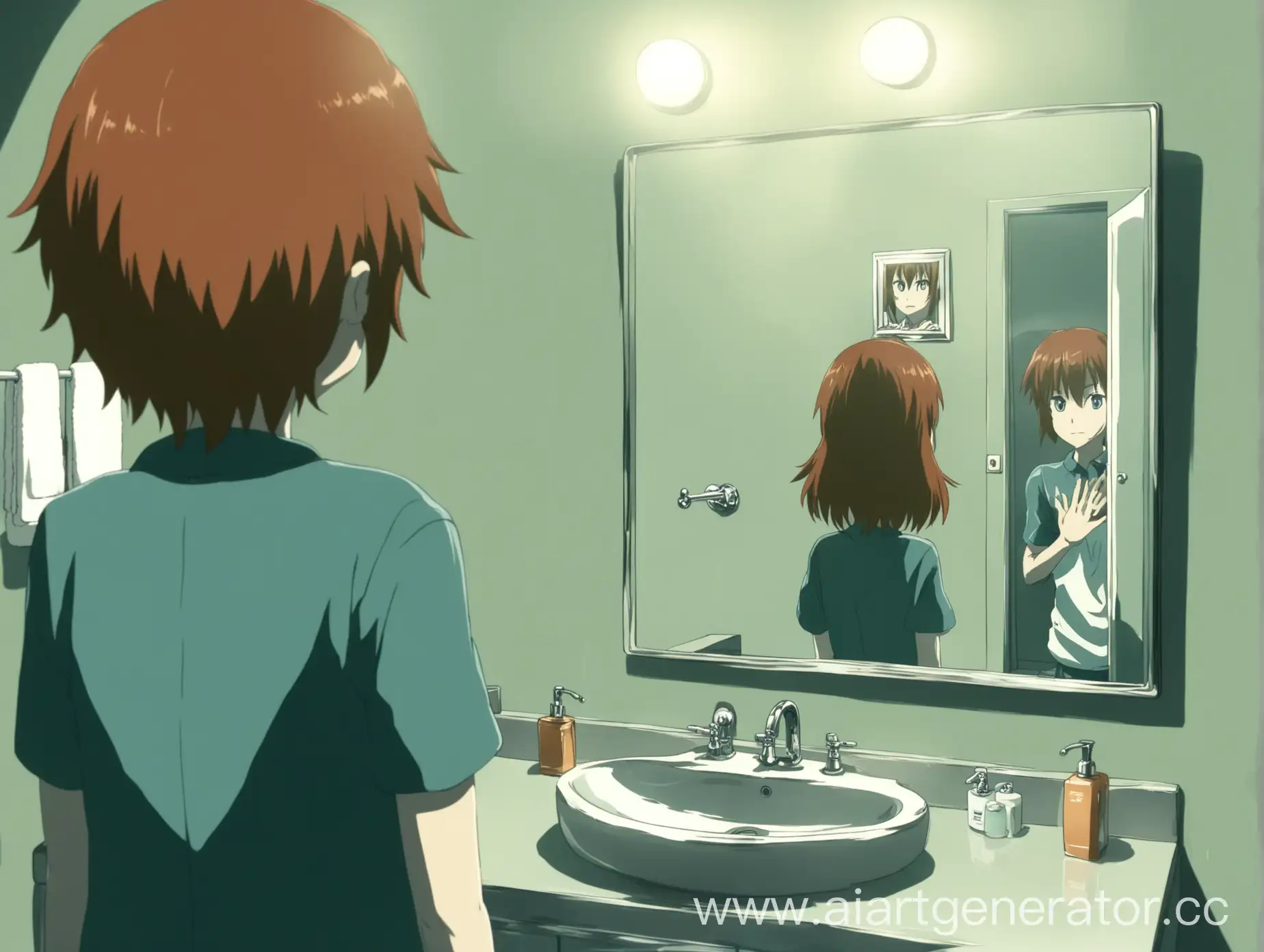 отражение в зеркале, раковина в ванне, аниме стиль, отражение человека в зеркале, вид от лица человека