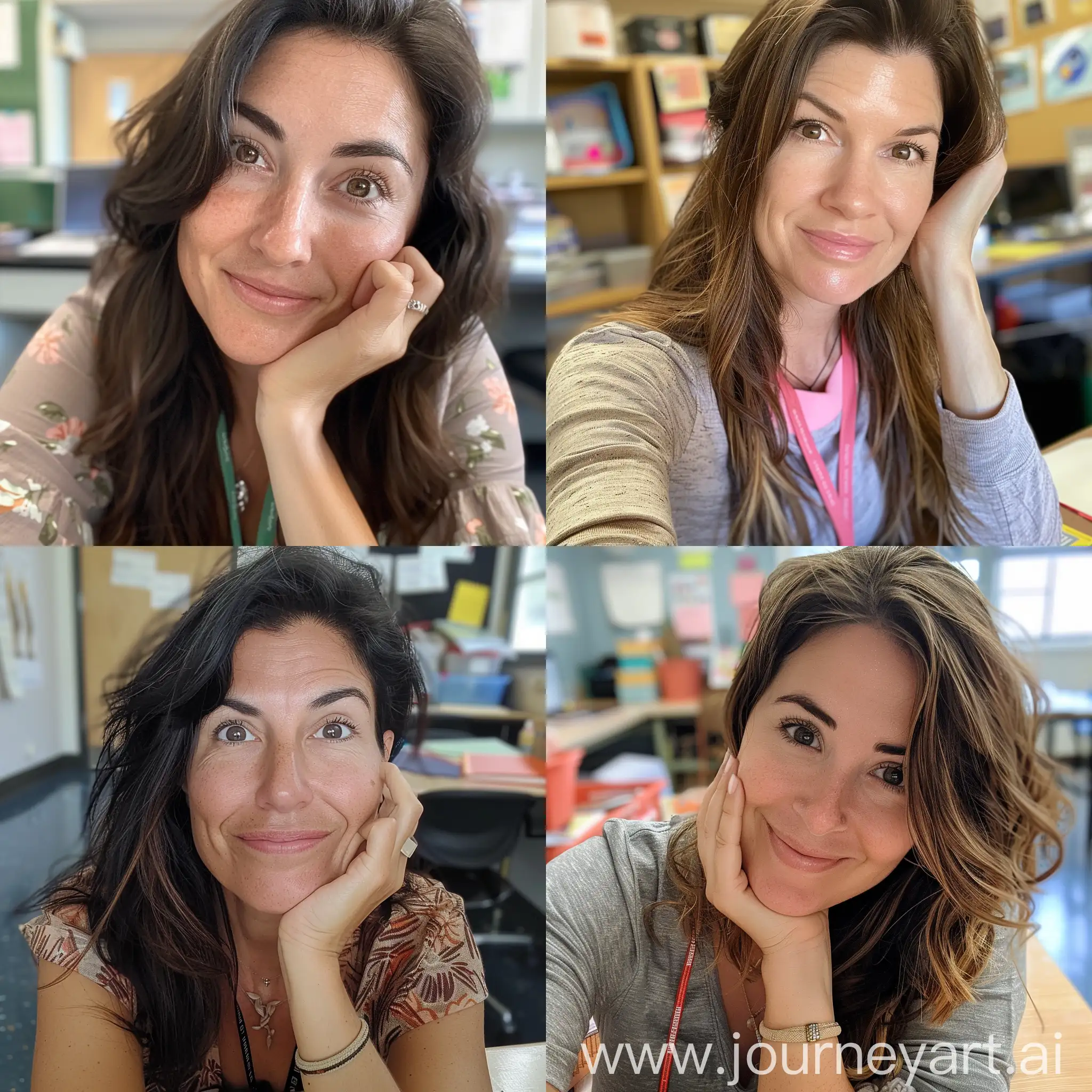 Typical elementary school teacher taking a selfie at her desk, super model face, casual clothes, hand resting on cheek, lanyard around neck, close up selfie