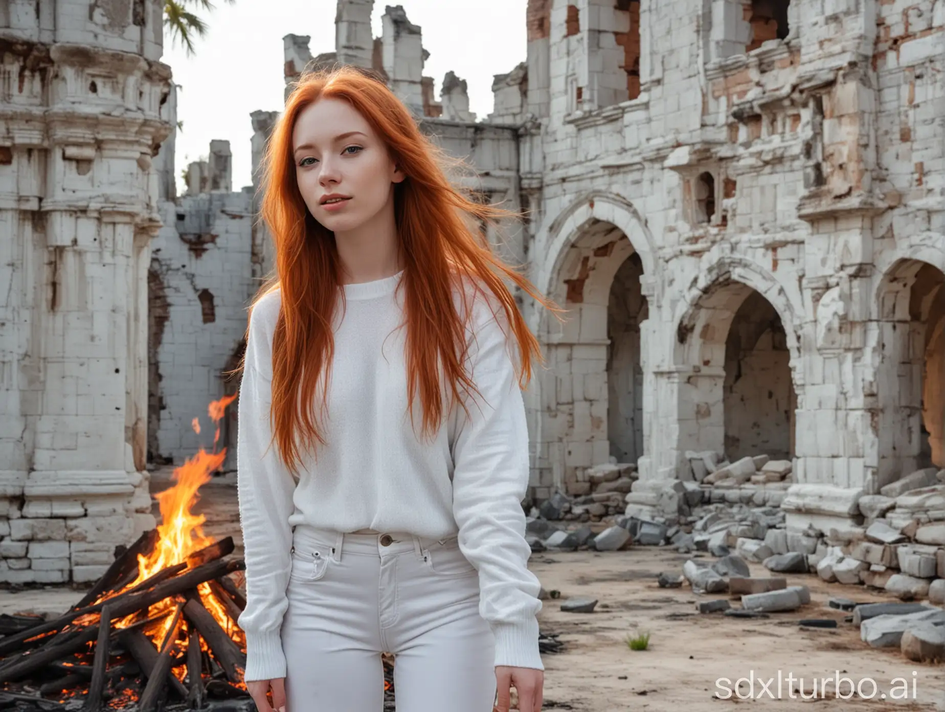 Beautiful red-haired girl with very pale skin in white pants and a white sweater, set against gray castle ruins and palm trees on fire, with a bright blue sky in the background