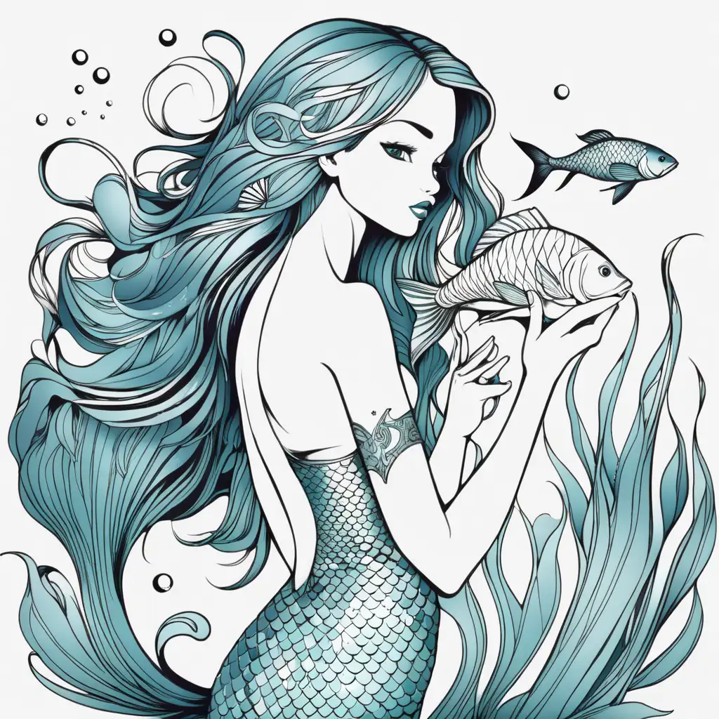 beautiful mermaid with fish, clean lines