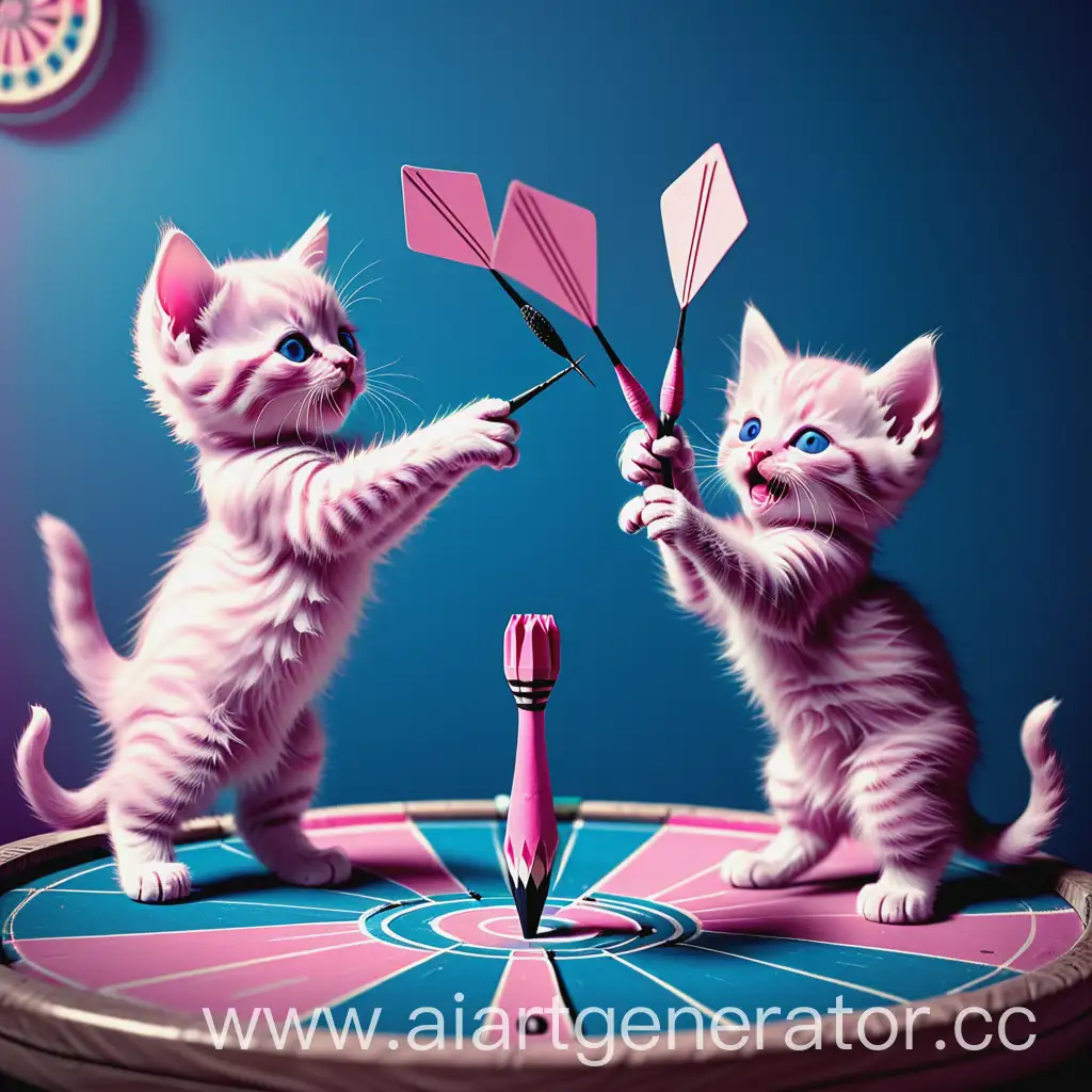животные котята играющие в дартс , изображение в розово-голубых тонах