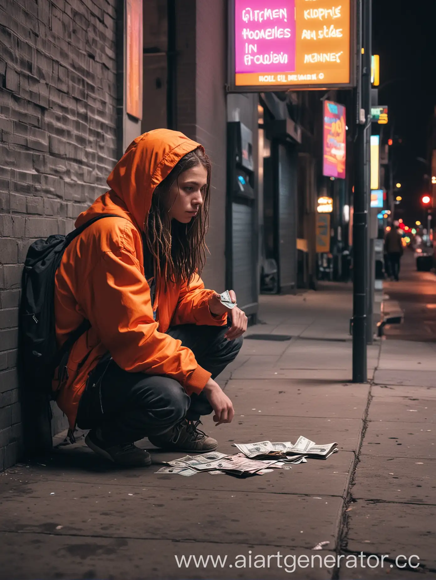 Бездомный студент в неоновом городе просит денег
