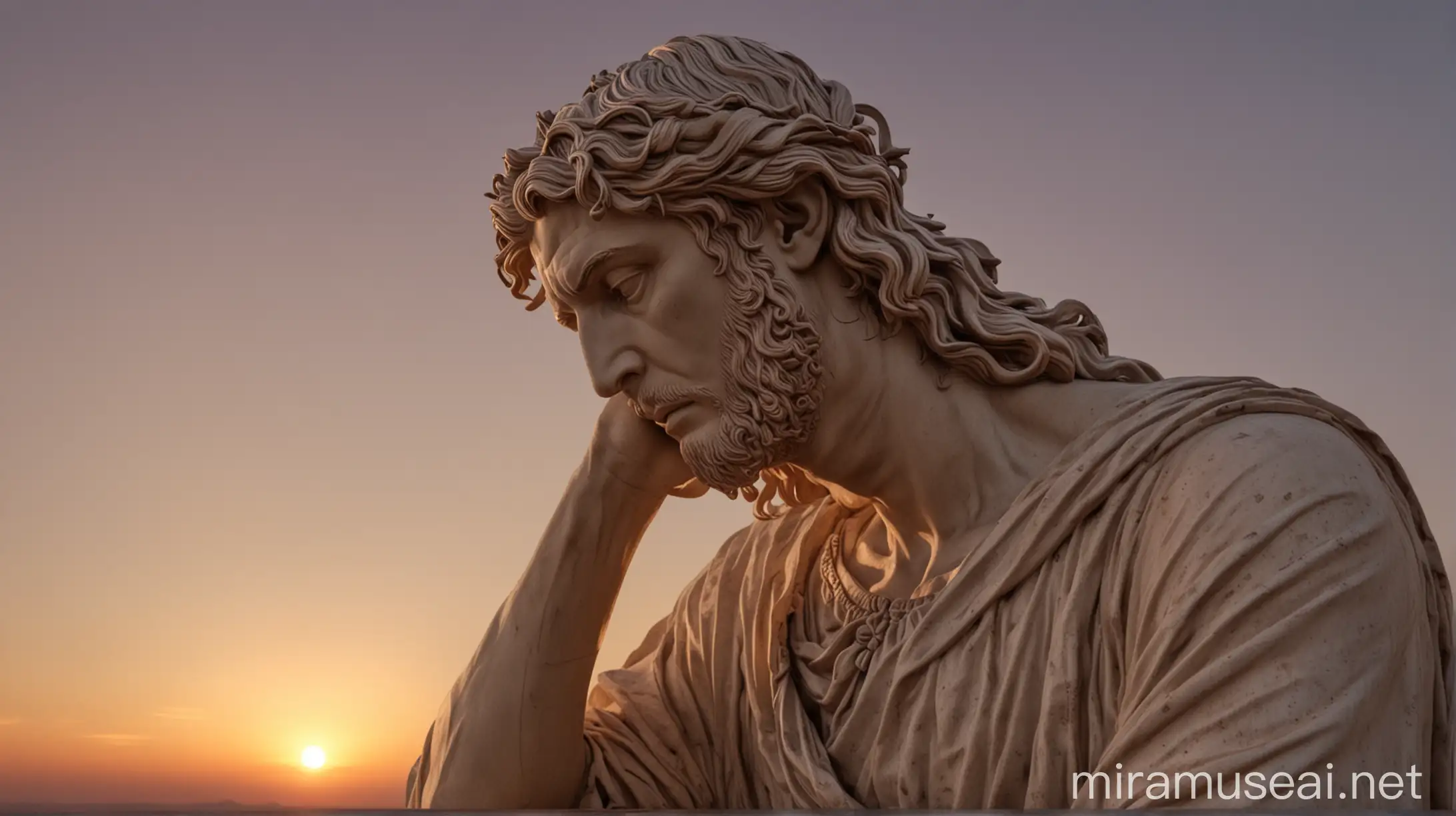 Stoic Male Statue at Sunset with Long Hair Looking Depressed