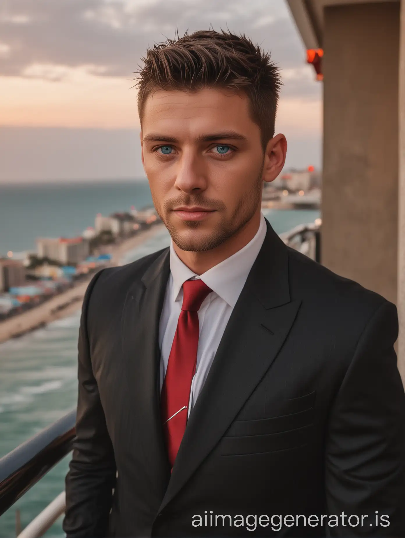 beautiful elegant Australian businessman 
31 years old blue eyes very short haircut  look di4ect to camera wearing Hugo boss deep gangsta  style  black suit with thin red stripes and no tie staying  Macao casino balcony top floor to sunset sea view