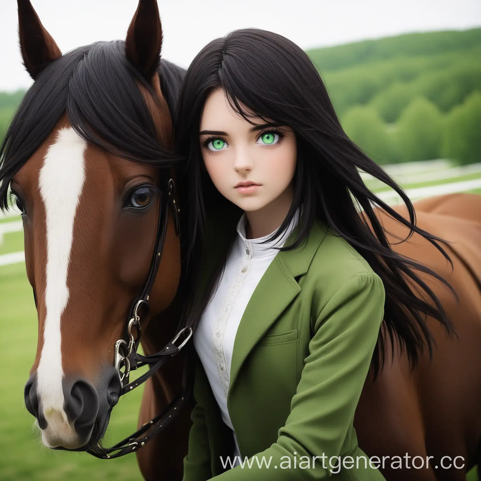 Девушка с зелёными глазами и темными волосами на лошади
