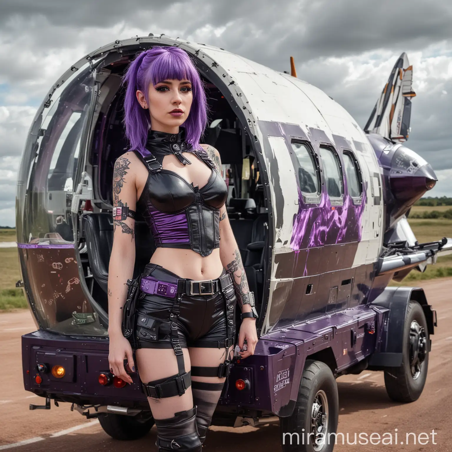 Sexy goth girl with purple hair driving a horsebox with a space shuttle escape pod strapped to the side of it 
