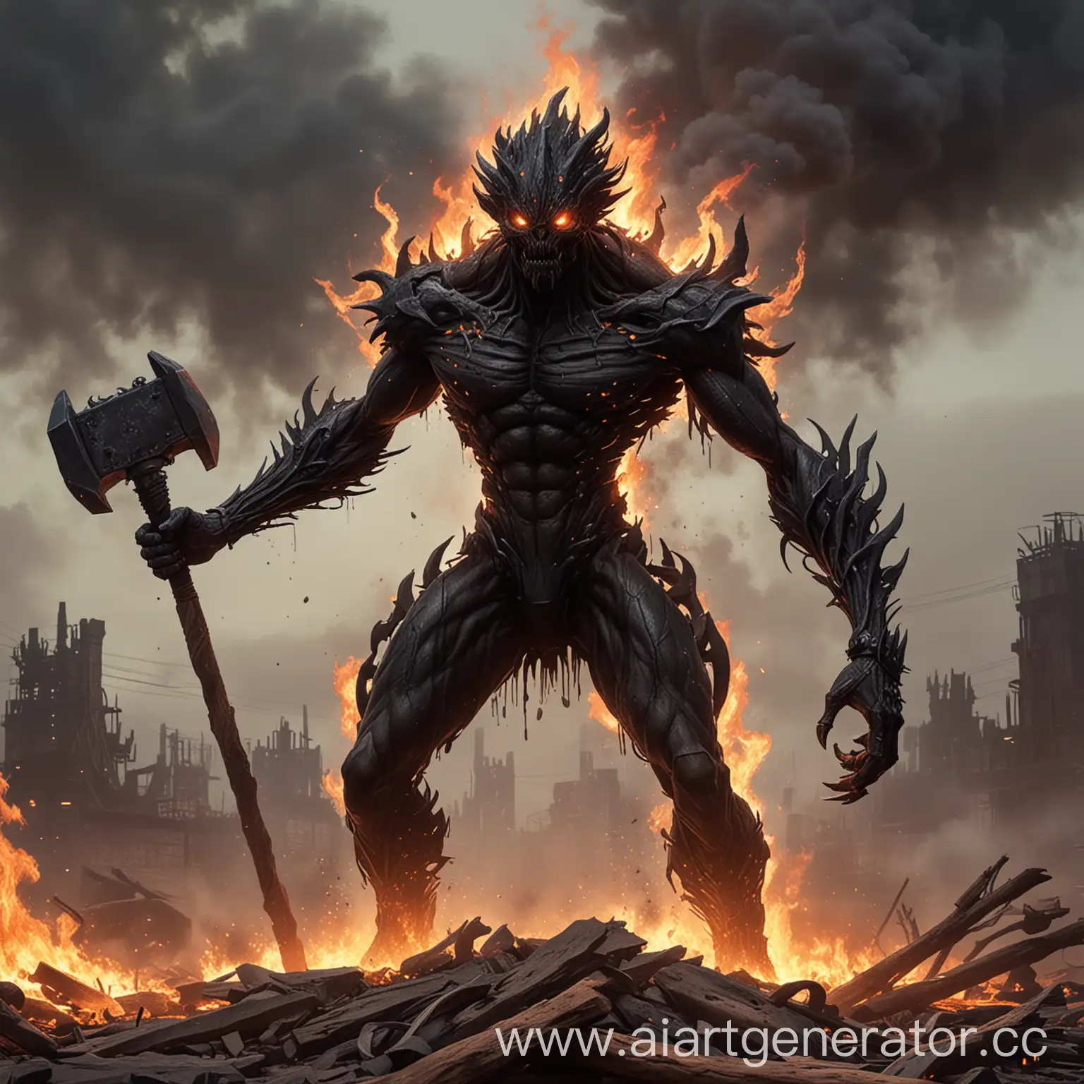 Draw me a black humanoid monster with long limbs, 6 arms and a huge burning hammer in his hands, he stands hunched over and looks at the camera