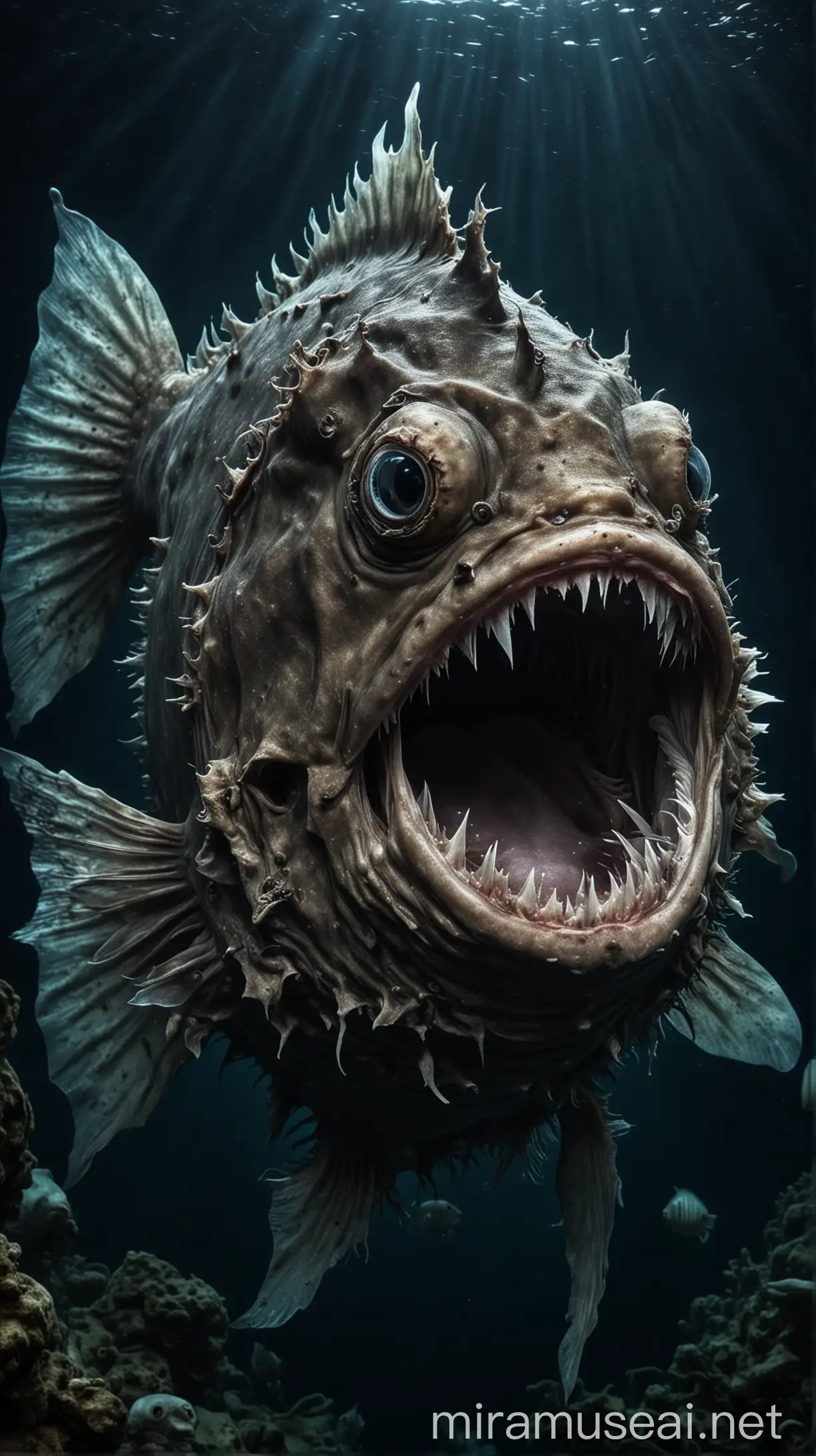 Terrifying Anglerfish with lots of sharp teeth in the depths of the ocean. 