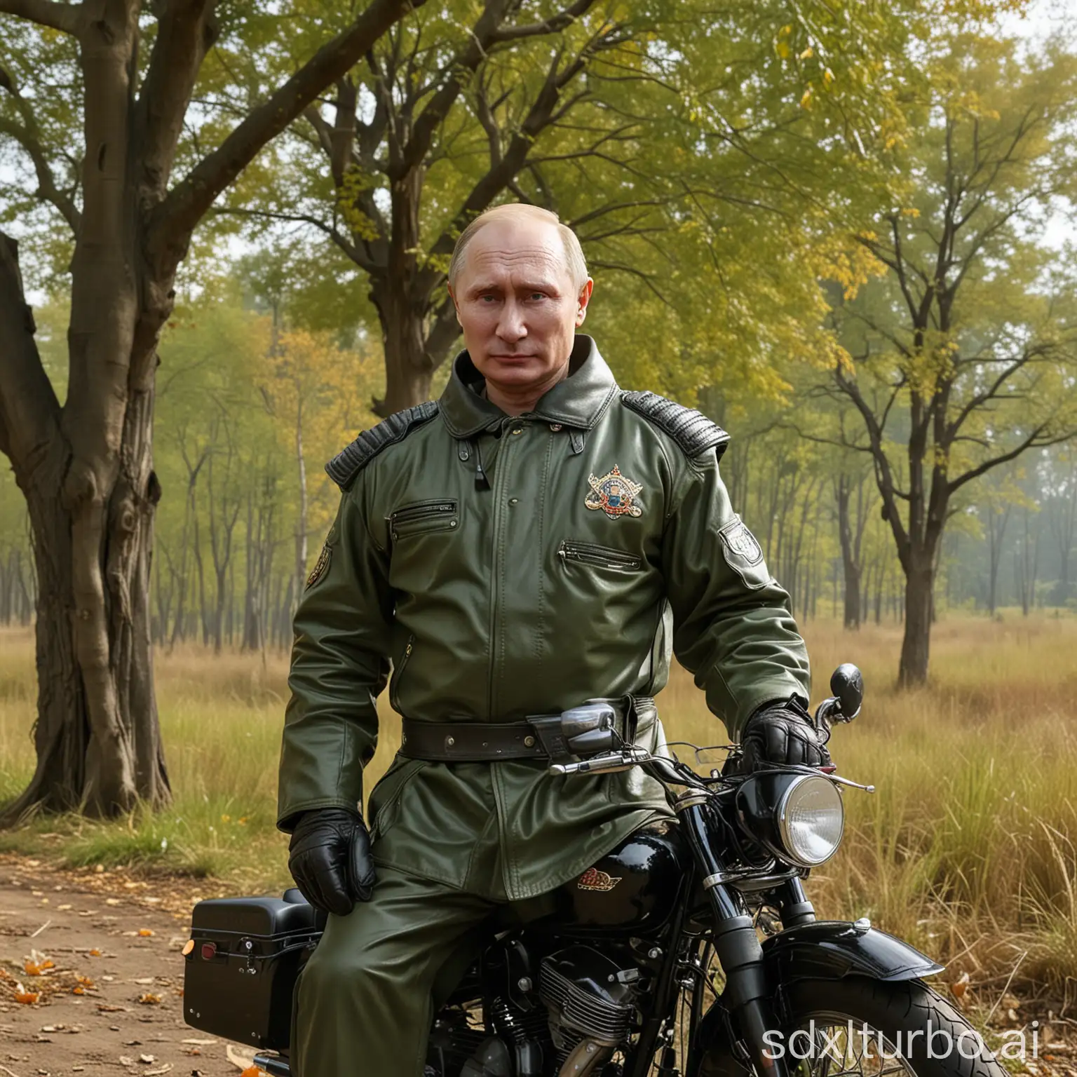 ultradetailed, uplooking view, 65 years old real face putin, real look hand leather glove, wear Taekwondo robe, ride superlong harley davision light green motorcycle, half hill grassland block by a huge taller durain tree, autumn, cloudy,