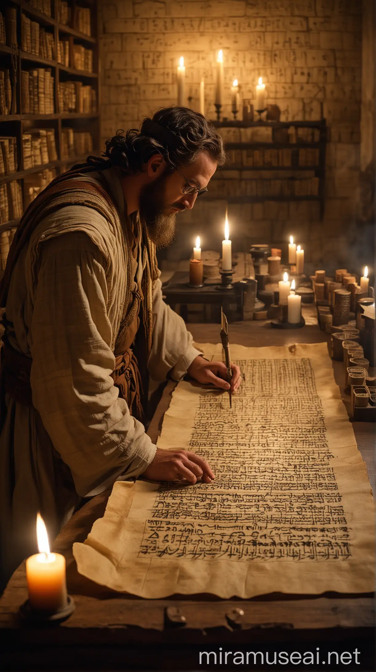 A historian in ancient attire, carefully examining a parchment scroll with ancient Hebrew writing, dating back to the 17th century BC. The scene is illuminated by a flickering candle in a dimly lit room, with shelves of ancient texts in the background."In ancient world 