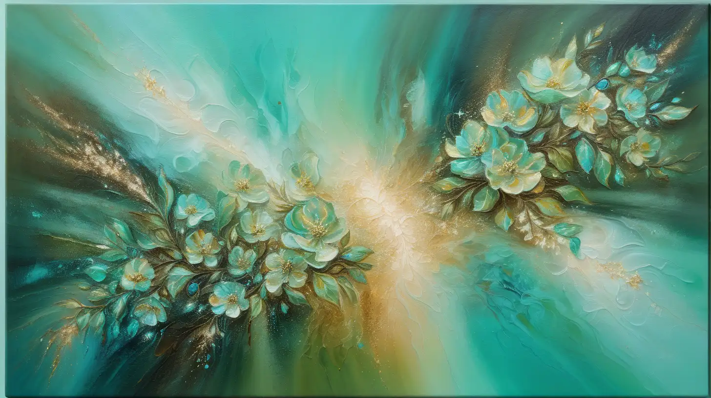 textured oil painting of abstract art of florescent colors of green-mint and leather browns and beiges and golden-whites in golden dust and a magical turquoise glow with luminescent  green flowers among galaxies