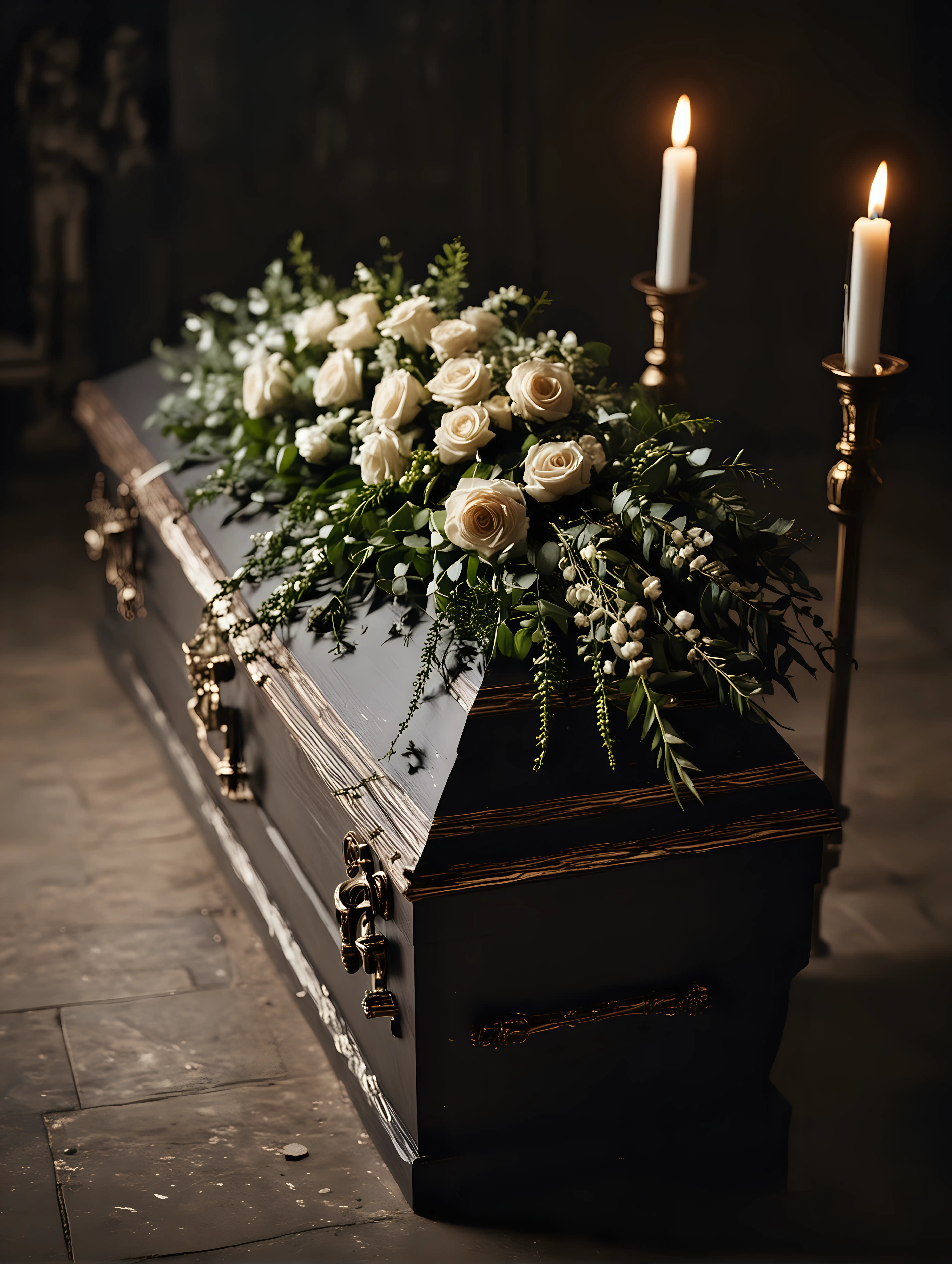 single dark bokeh light source, fragment of modern elegant coffin standing on a catafalque in modest church, coffin seen at a sharp angle in perspective, coffin lid with a blurred dark funeral bouquet, dark background