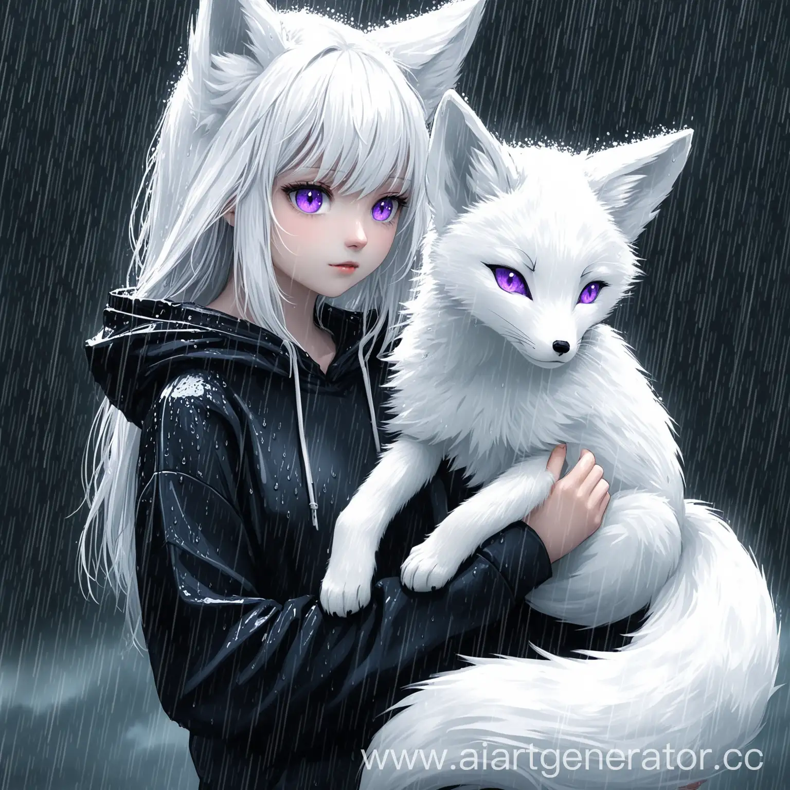WhiteHaired-Girl-with-Fox-Features-and-Cub-in-Rain