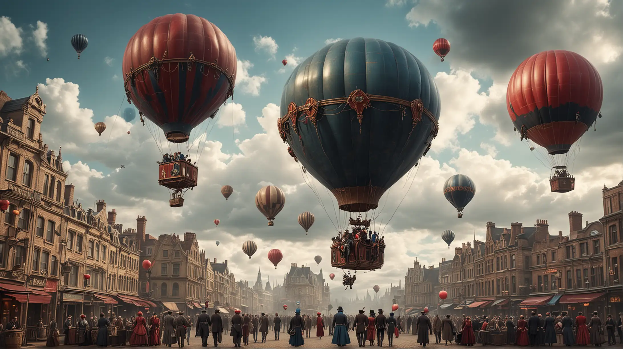 Steampunk Cityscape with Flying Air Balloon and Victorian Figures