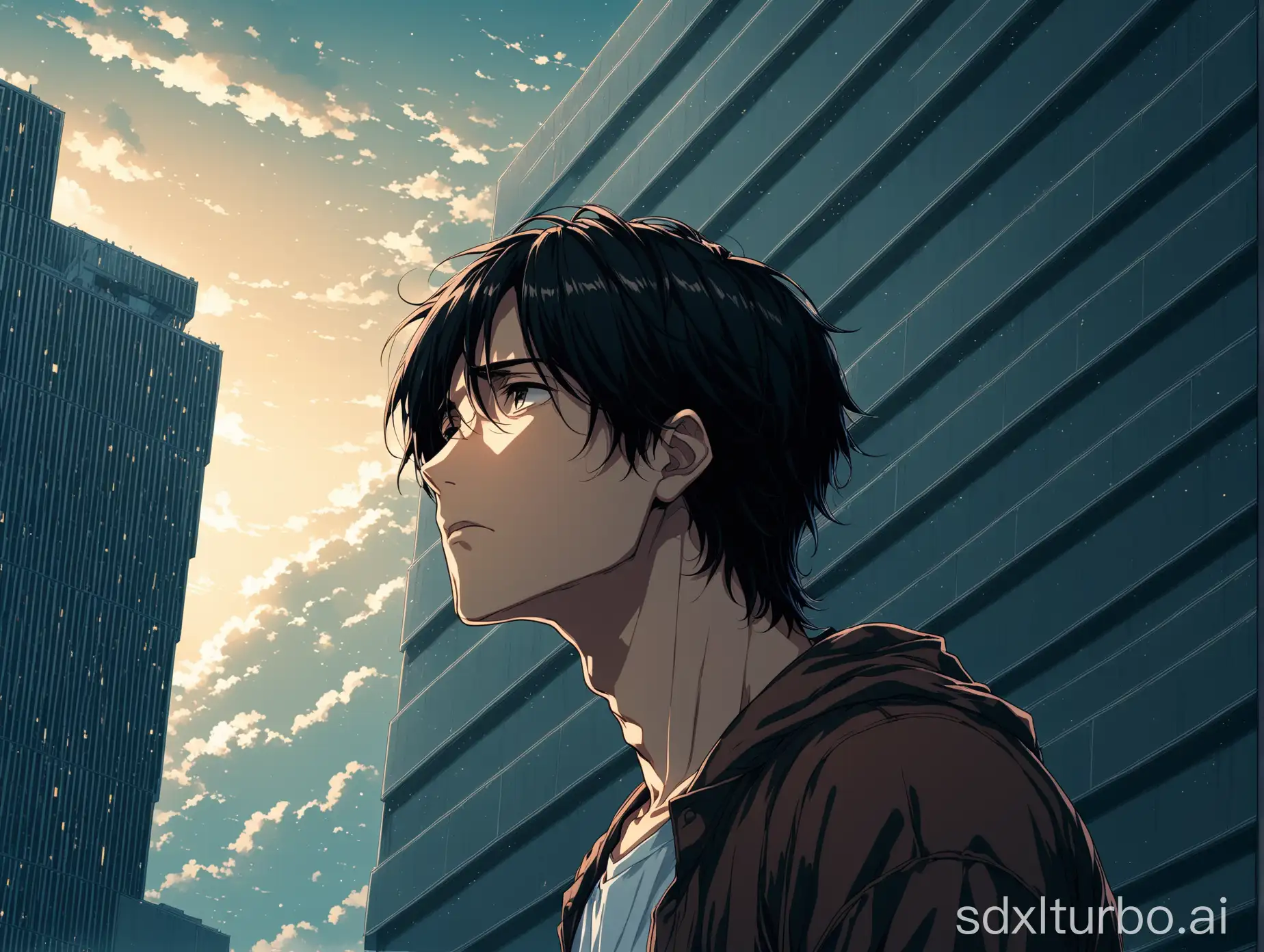 Depressed-DarkHaired-Male-Anime-Character-Contemplating-Modern-Cityscape