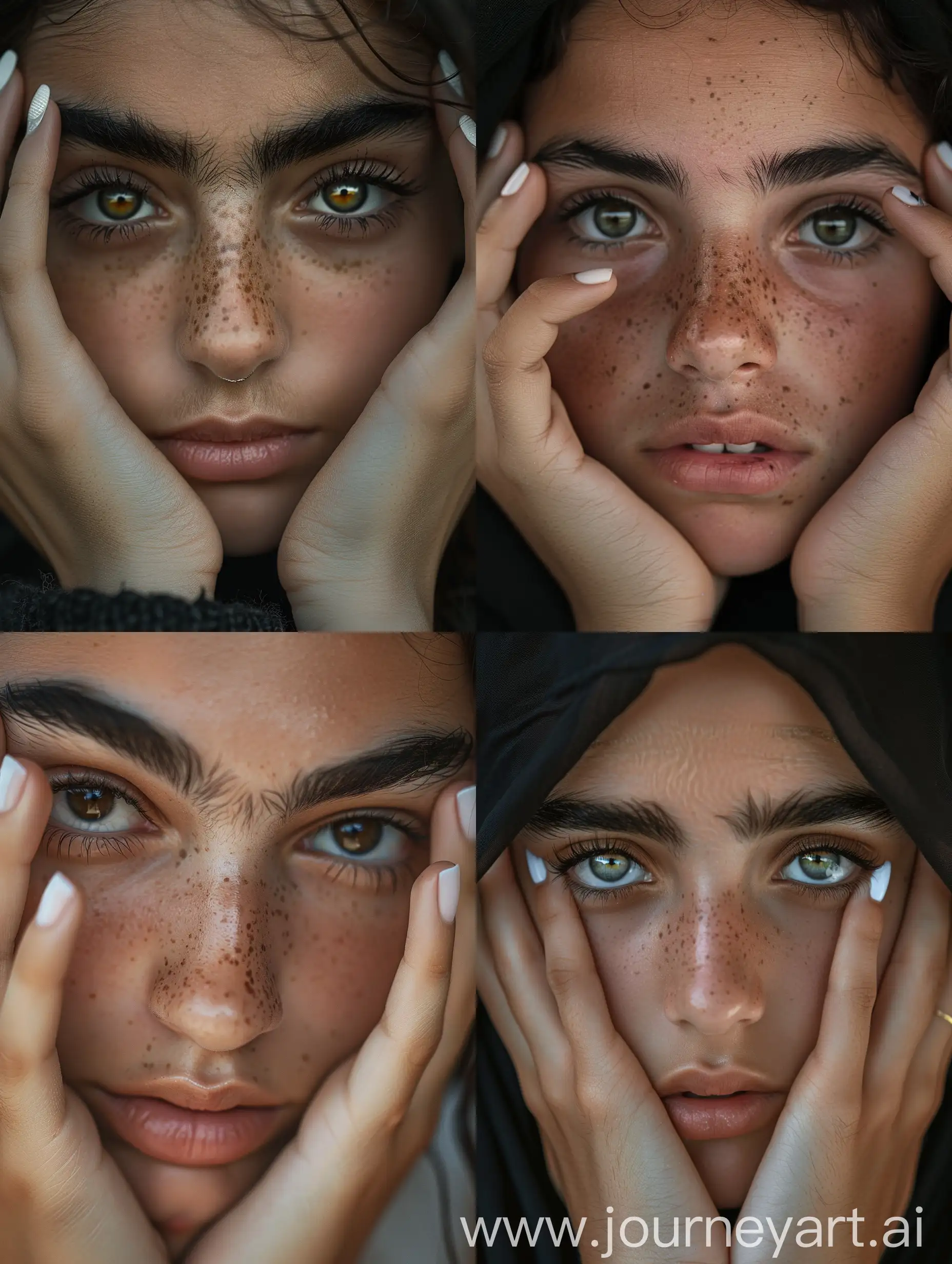Photograph: Professional portrait of a Palestinian 15 year old girl, bushy eyebrows, somber look, broad and big nose, top model, hands cover part of face, white gel nail polish