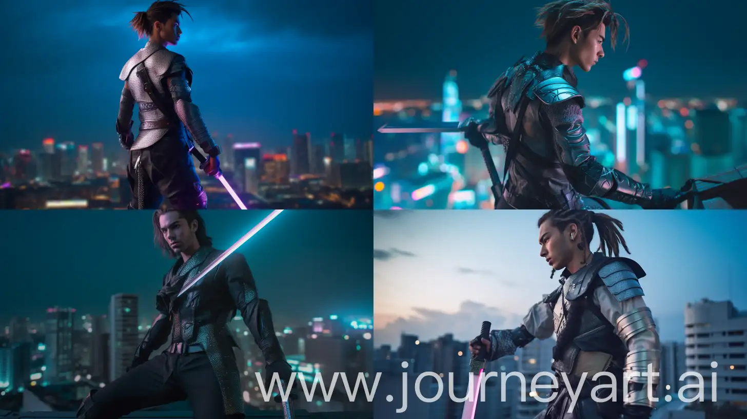  A modern samurai with neon-lit armor, holding a katana with a glowing blade, standing on a rooftop overlooking a cyberpunk city, the city is filled with towering skyscrapers, holographic advertisements, and flying cars, the scene is imbued with a sense of isolation and vigilant watchfulness, Photography, shot with a Canon EOS R5 and a 50mm f/1.2 lens for shallow depth of field --ar 16:9 --v 5