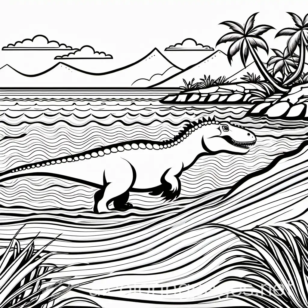 A Carcharodontosaurus strolling along a prehistoric beach, its fins slicing through the water..Coloring Page, black and white, line art, white background, Simplicity, Ample White Space. The background of the coloring page is plain white to make it easy for young children to color within the lines. The outlines of all the subjects are easy to distinguish, making it simple for kids to color without too much difficulty, Coloring Page, black and white, line art, white background, Simplicity, Ample White Space. The background of the coloring page is plain white to make it easy for young children to color within the lines. The outlines of all the subjects are easy to distinguish, making it simple for kids to color without too much difficulty