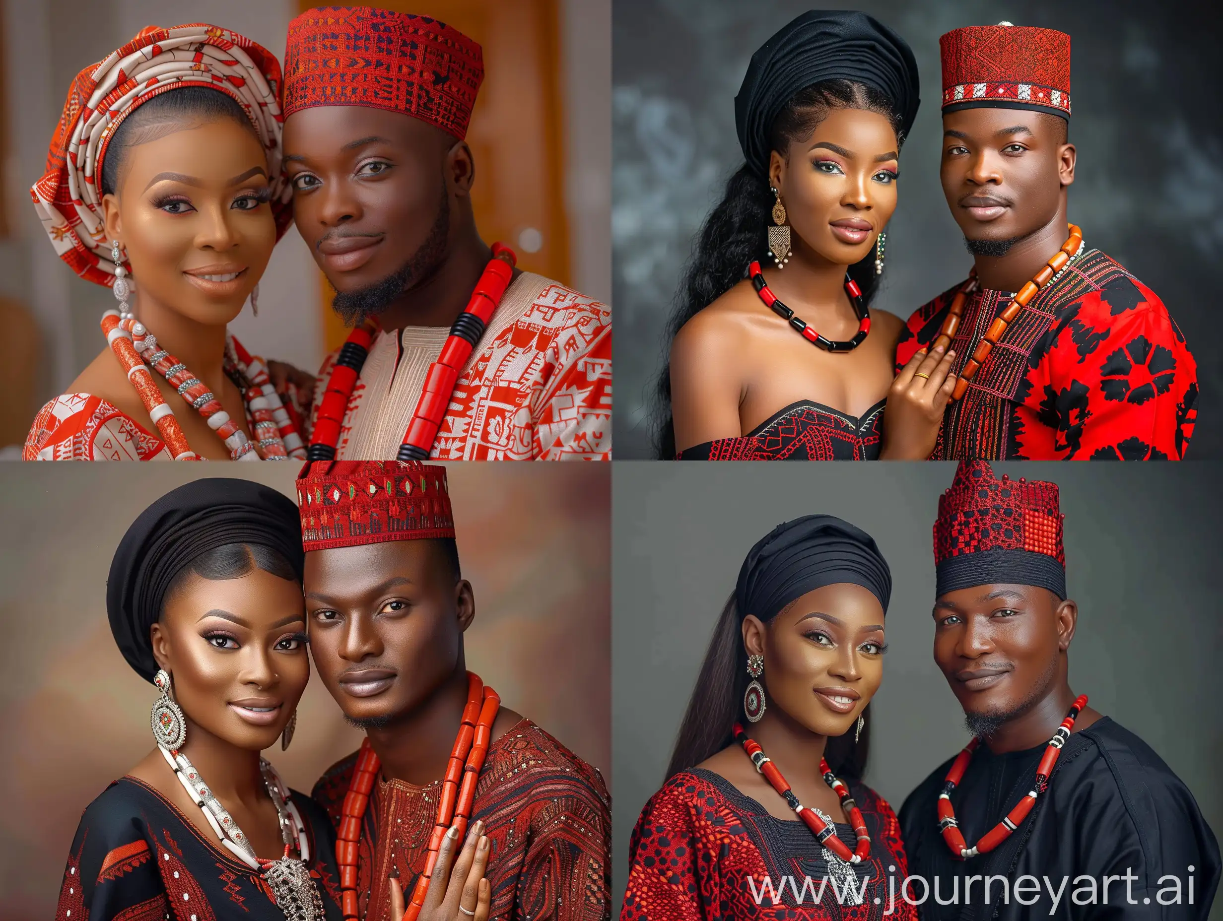 ilustration full image of an african beautiful young woman named Adaeze, she is 25 years old, dressed in african igbo nigeria Ankara attire, and chinedu a nigerian handsome man wearing igbo attire with beads around his neck and red chieftaincy cap on his head attire, He is 25 years old, they are Couples looking Happy together, realistic, oily image, HD image