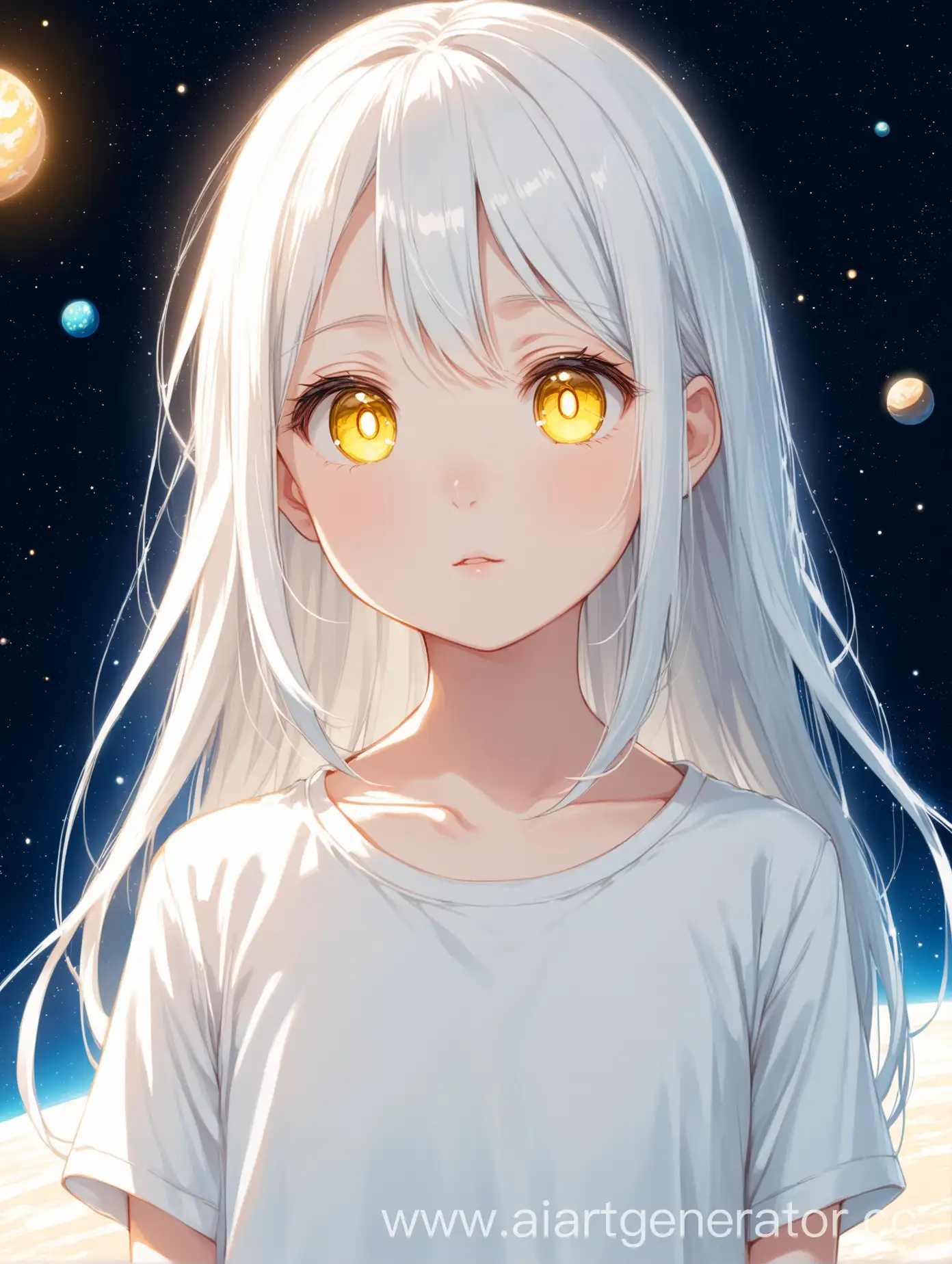 Девушка в стиле аниме которой относительно 13 лет в обычной белой футболке и имеет бледную кожу, длинные белые волосы и жёлтые зрачки со спокойным выражением лица стоит на фоне космоса по пояс