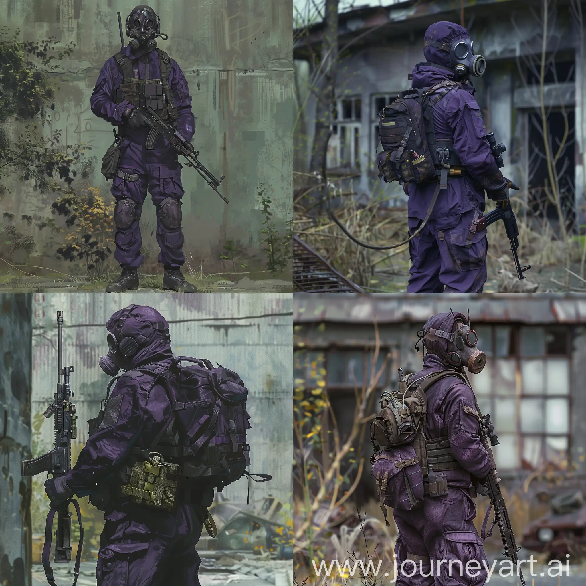 Concept art location for RPG game basic on the universe S.T.A.L.K.E.R. Shadow of Chernobyl, In the photo the mercenary is standing, Concept character art, dark purple military jumpsuit, gasmask on his face, small military backpack, military unloading on his body, sniper rifle in his hands, the main focus is on the location.