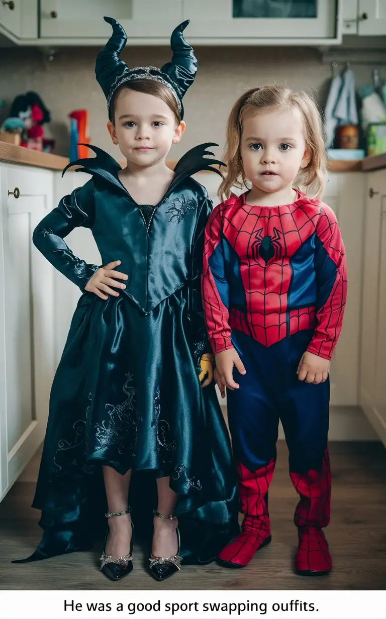 Adorable-Gender-Role-Reversal-Boy-in-Maleficent-Dress-and-Girl-in-Spiderman-Costume