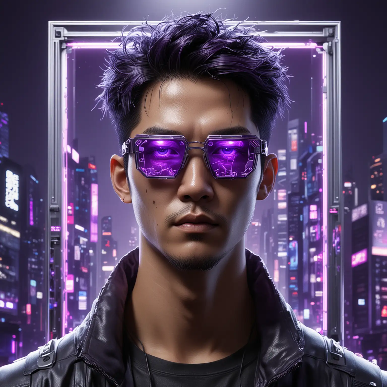 create purple themed cyberpunk nft for Hong Kong man, with silver framed glasses