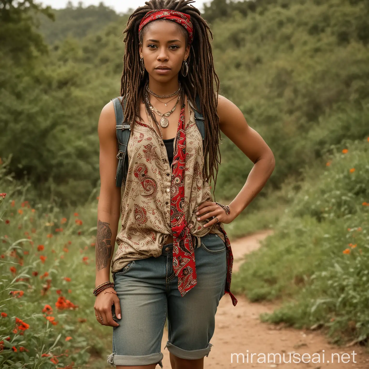 A African woman, 29-years old,  had a long dreadlock brown hair, with a scarlet satin paisley flowers print headband. Has a muscular body, dark eyes and tattoos on arms. She wore a khaki tie front sleeveless shirt, denim shorts with sheath on her waist, hiking leather boots, and a golden necklace. She carries an determination and distrustful aura.