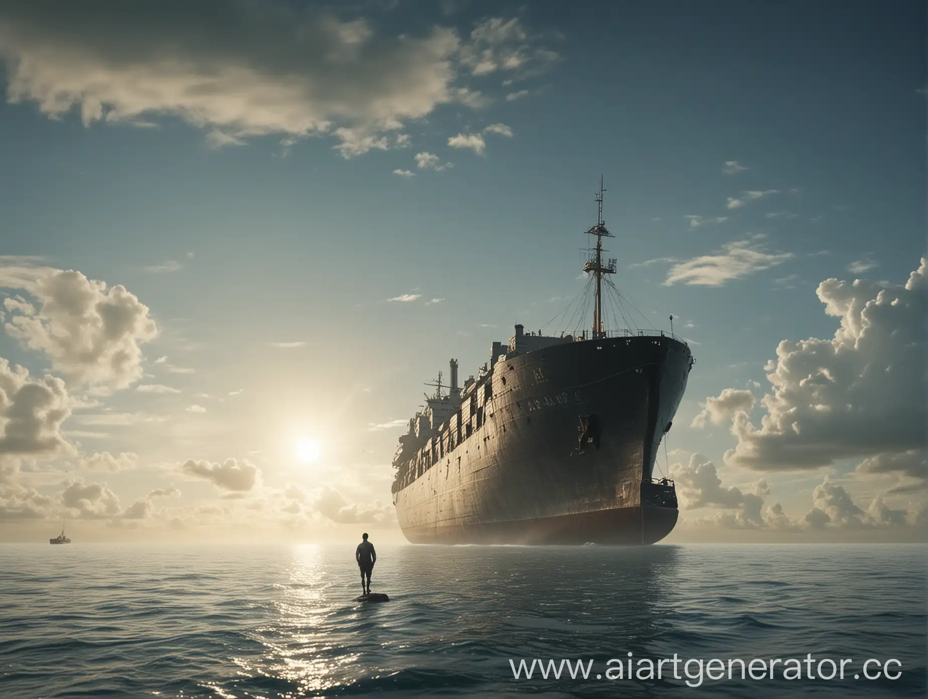 Solitary-Figure-Contemplating-Vast-Ocean-with-Distant-Ship