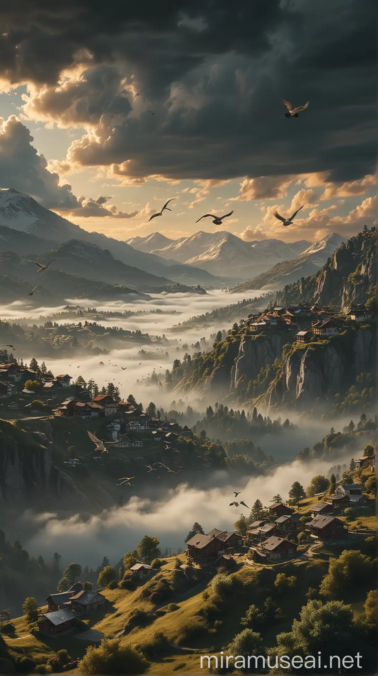 Tranquil Mountain Village Landscape with Soaring Birds CGI 8K Photorealism