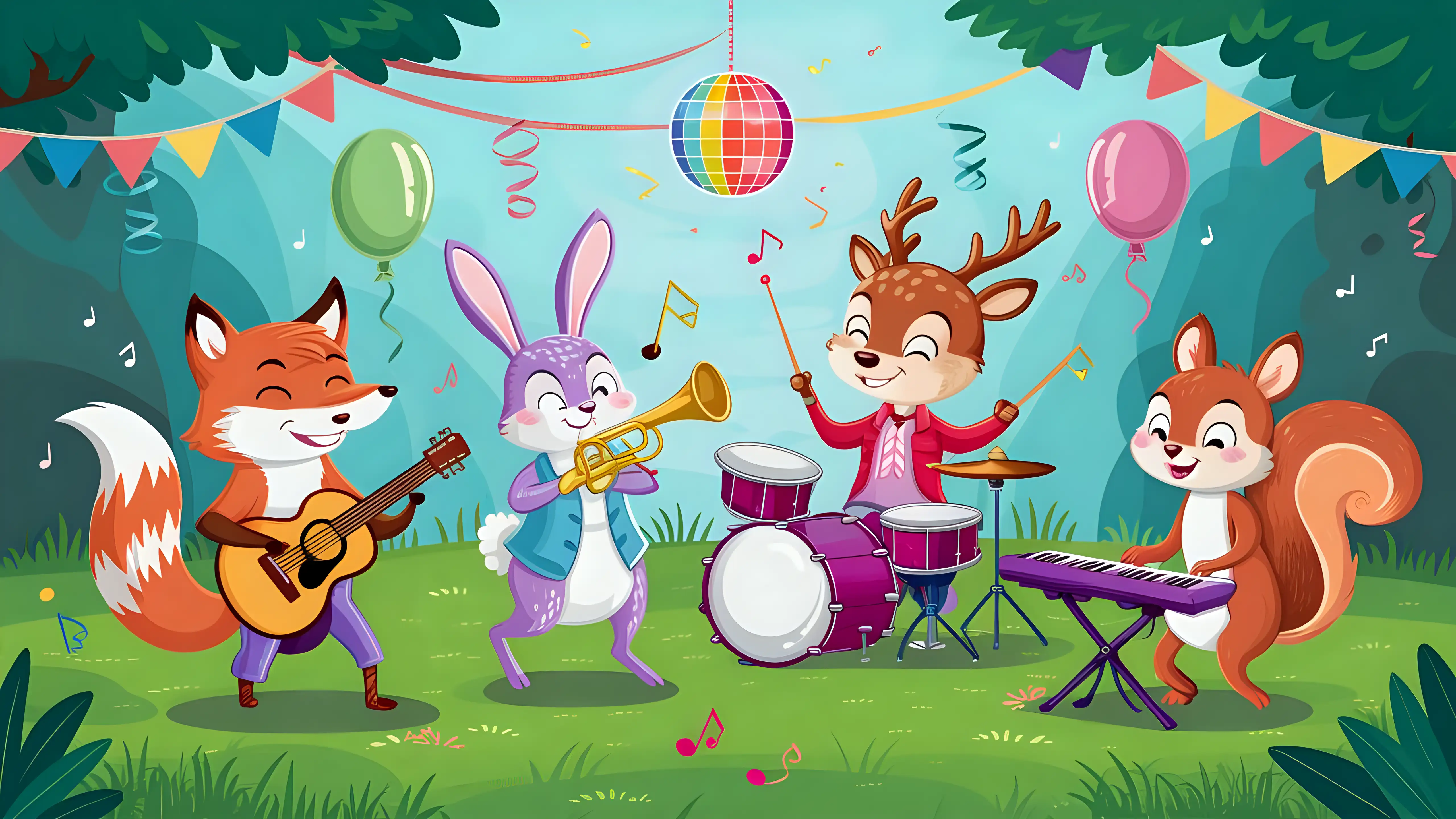 Cute Forest Animals Dancing at Music Party Vector Illustration