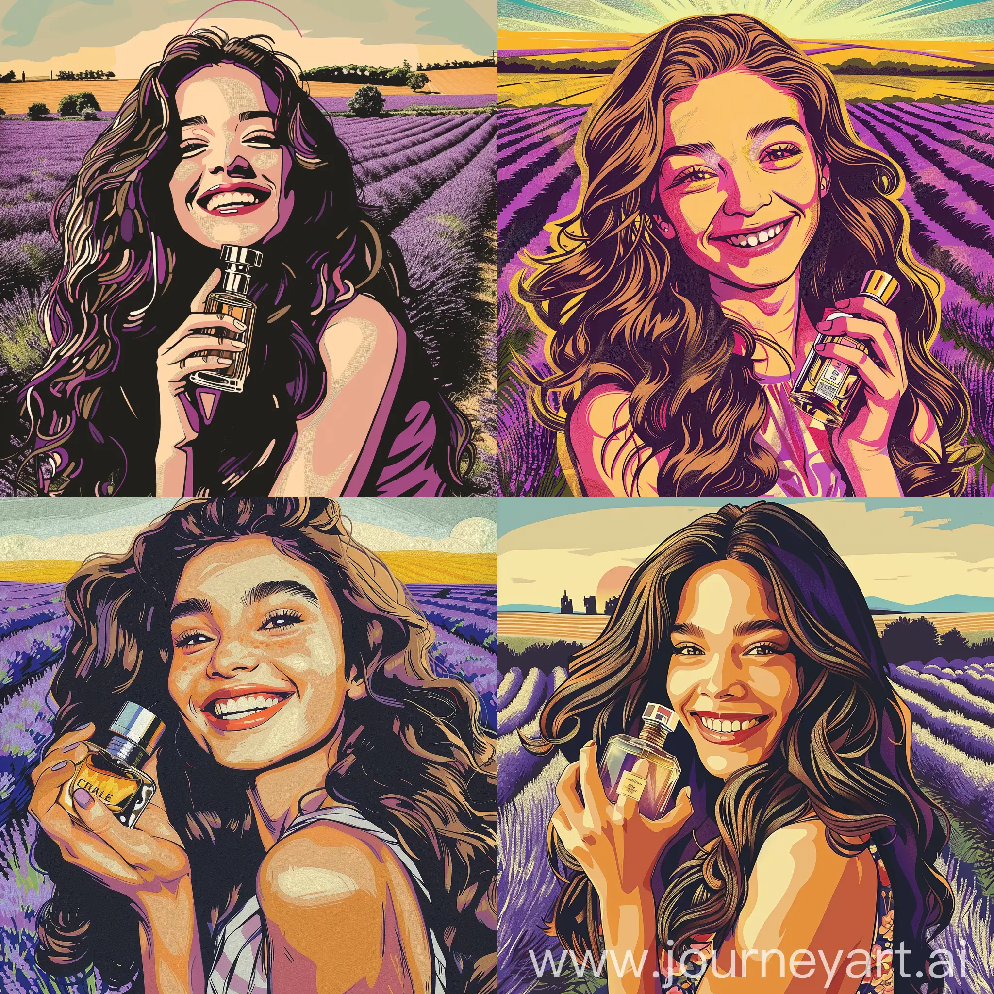 Pop-Art-Style-Portrait-of-a-European-Girl-with-Perfume-Bottle-in-Lavender-Fields