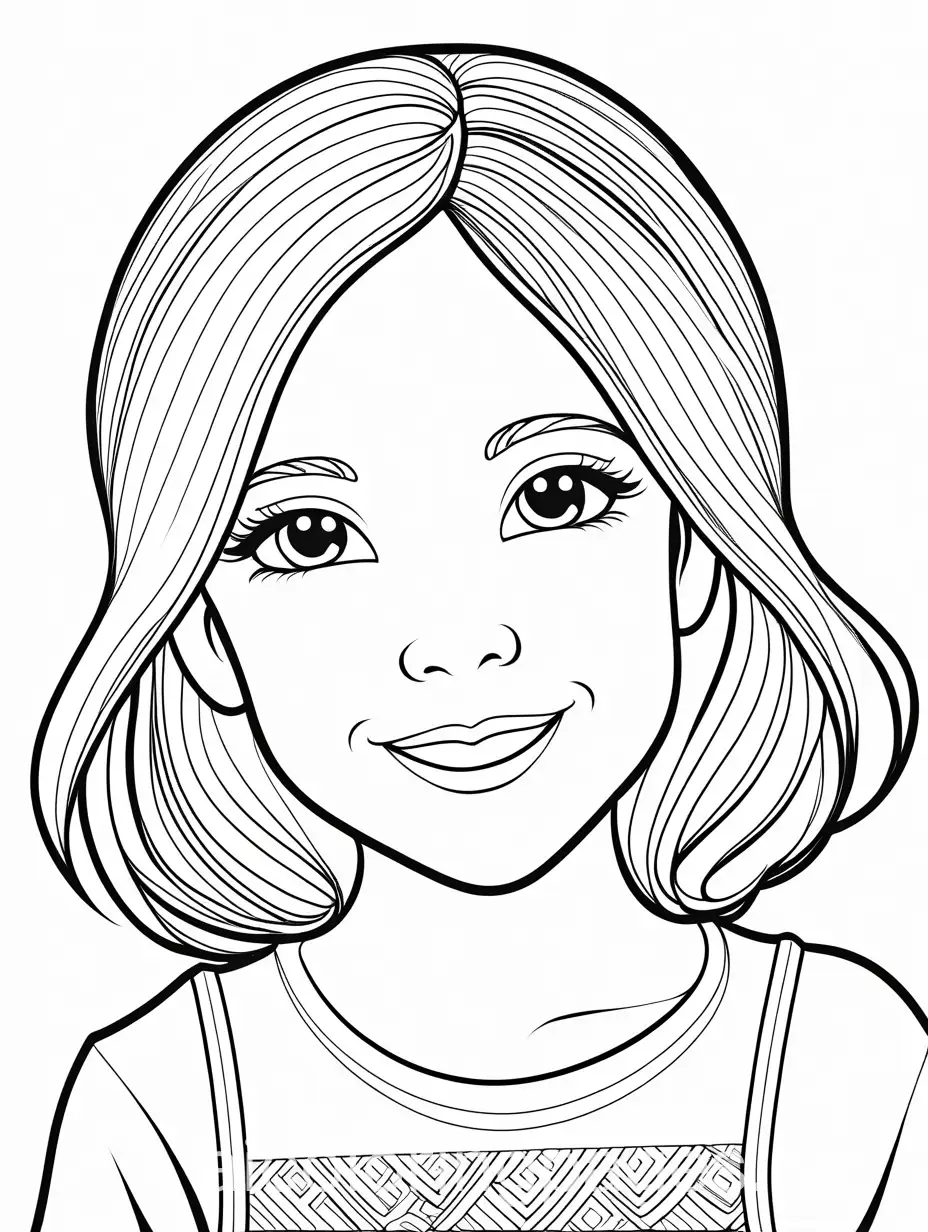 create a coloring page of a little girl smiling, Coloring Page, black and white, line art, white background, Simplicity, Ample White Space