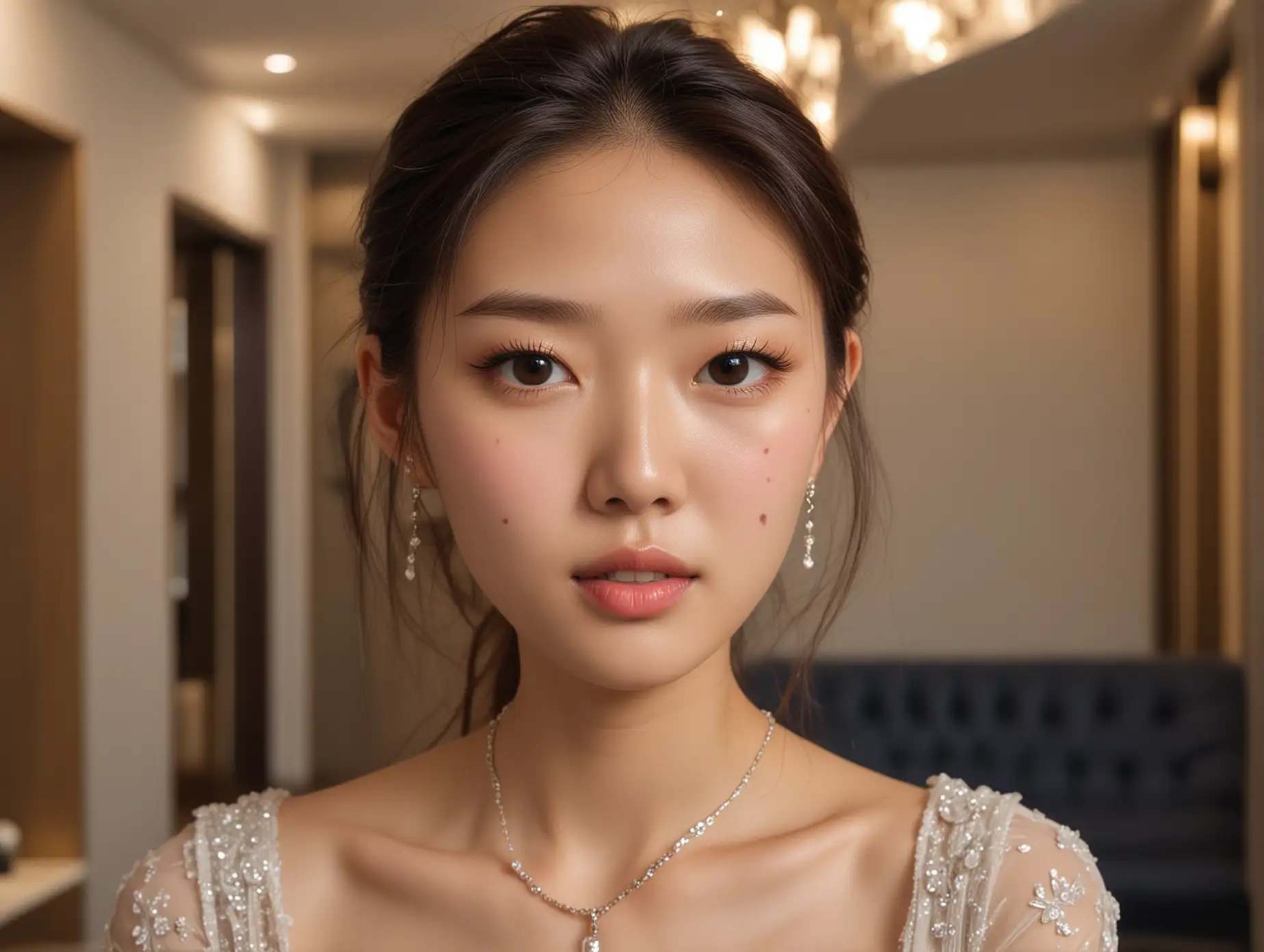 close up face of an adorable sweet skinny korean fashion model at a formal party in a high-rise penthouse suite