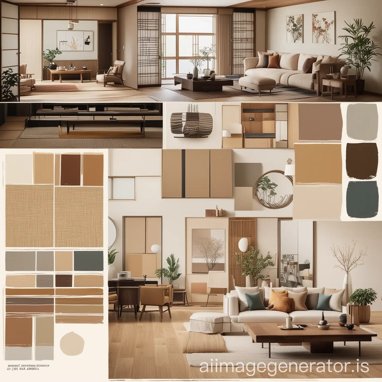mood board of Japanese interior style  include reception hall and living room with color pallet