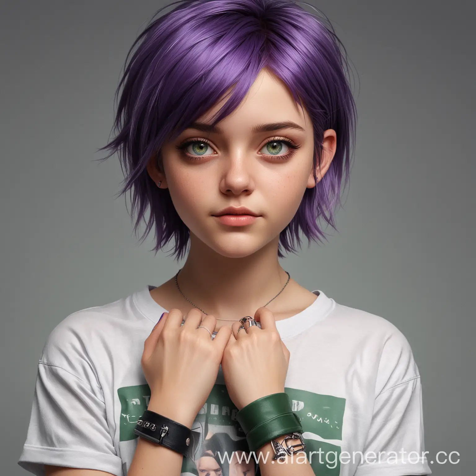 Фотореалистичный стиль, девушка-подросток, короткие зелёные волосы, фиолетовые глаза, одета в футболку, запястья забинтованы, в полный рост