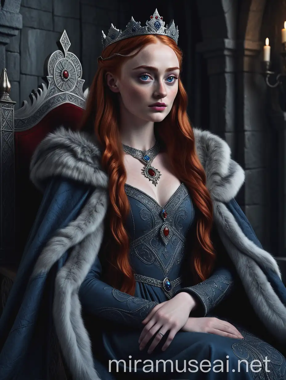 High-resolution portrait of a medieval young queen, inspired by Sophie Turner as Sansa Stark, with long vibrant red hair, fair skin with light freckles, regal features including high cheekbones and a strong jaw, deep blue eyes, arched eyebrows, and plump lips, draped in a dark grey and black fur gown adorned with silver jewelry and intricate embroidery, styled in a heavy fur cloak, seated on a majestic dark wooden throne in a dimly lit grey stone room, evoking a medieval atmosphere, she is holding a red cat
