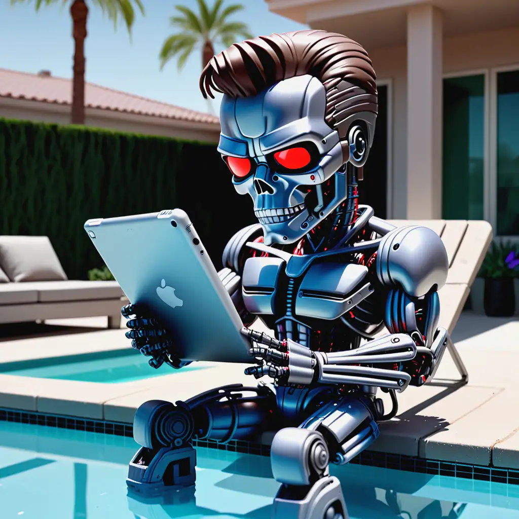 Terminator Relaxing Poolside with iPad and FunkoPop