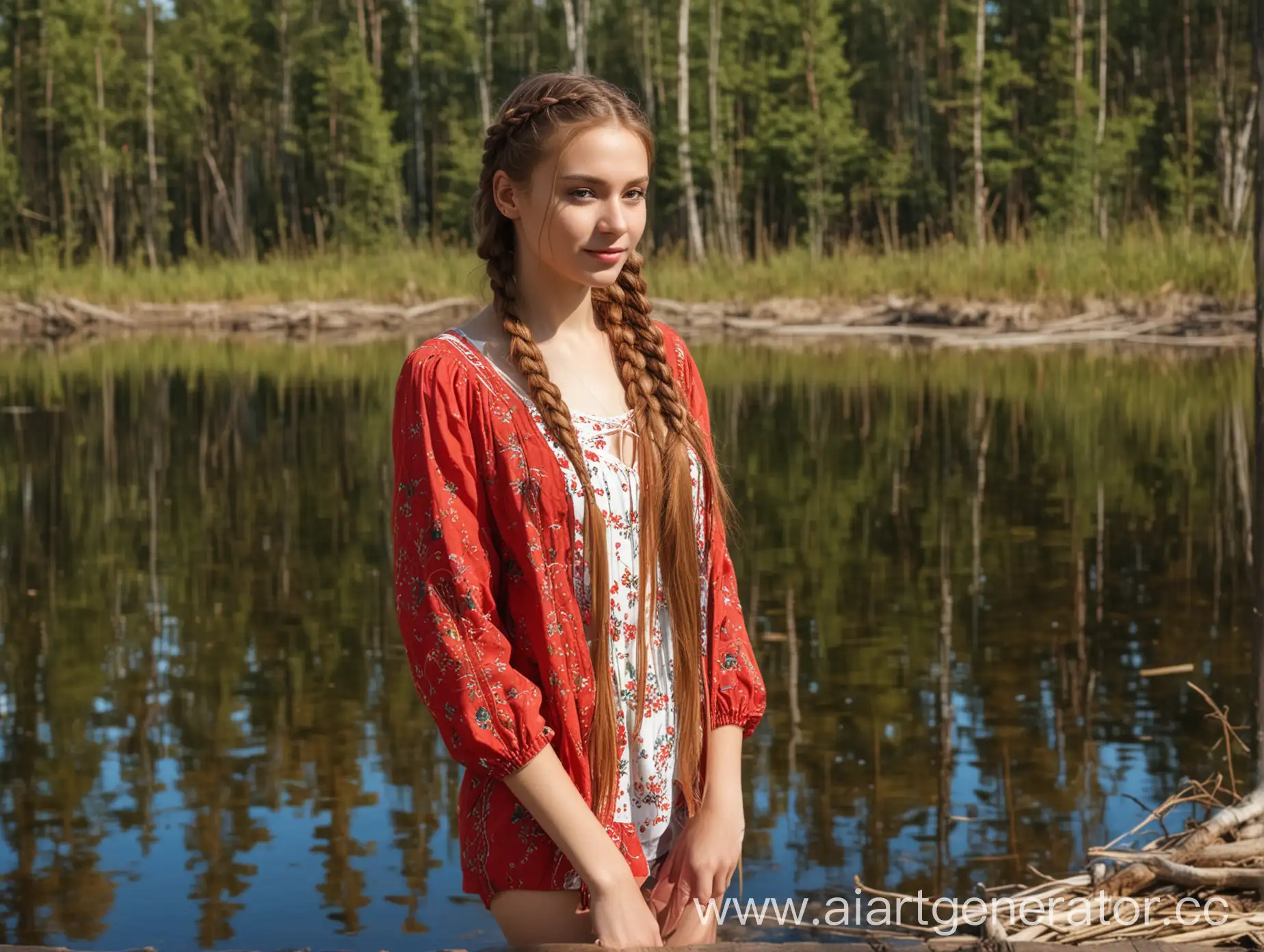 Russian-Beauty-by-Forest-Lake-Red-Sarafan-and-Brown-Braids-in-Sunlight