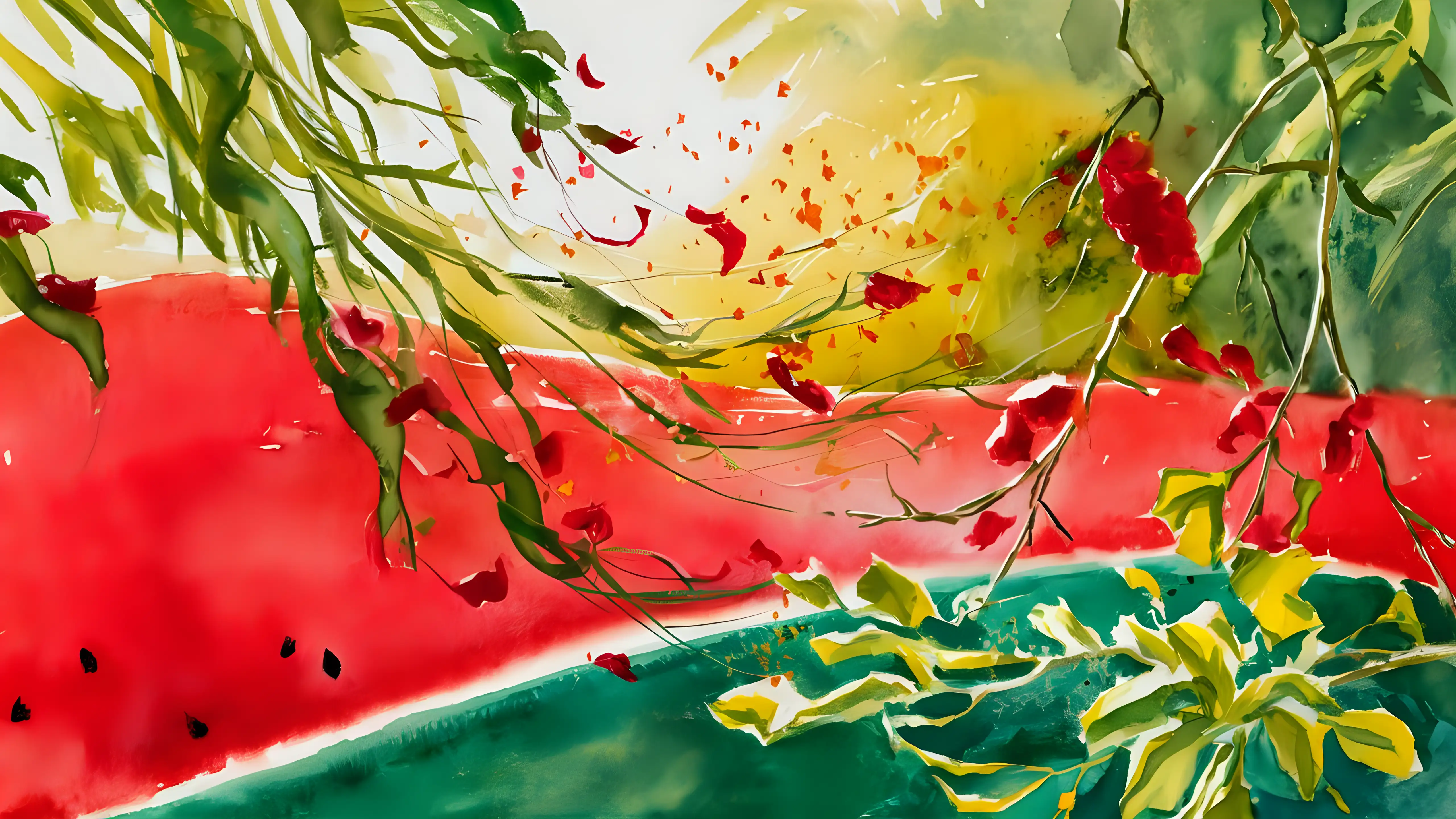 Summer Breeze Red and Green Smeared Watercolor with Sparkling Powder