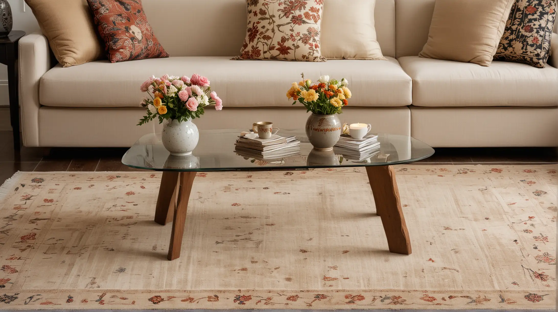 Cozy Living Room Decor Flower Vase on Coffee Table with LightColored Asian Rug