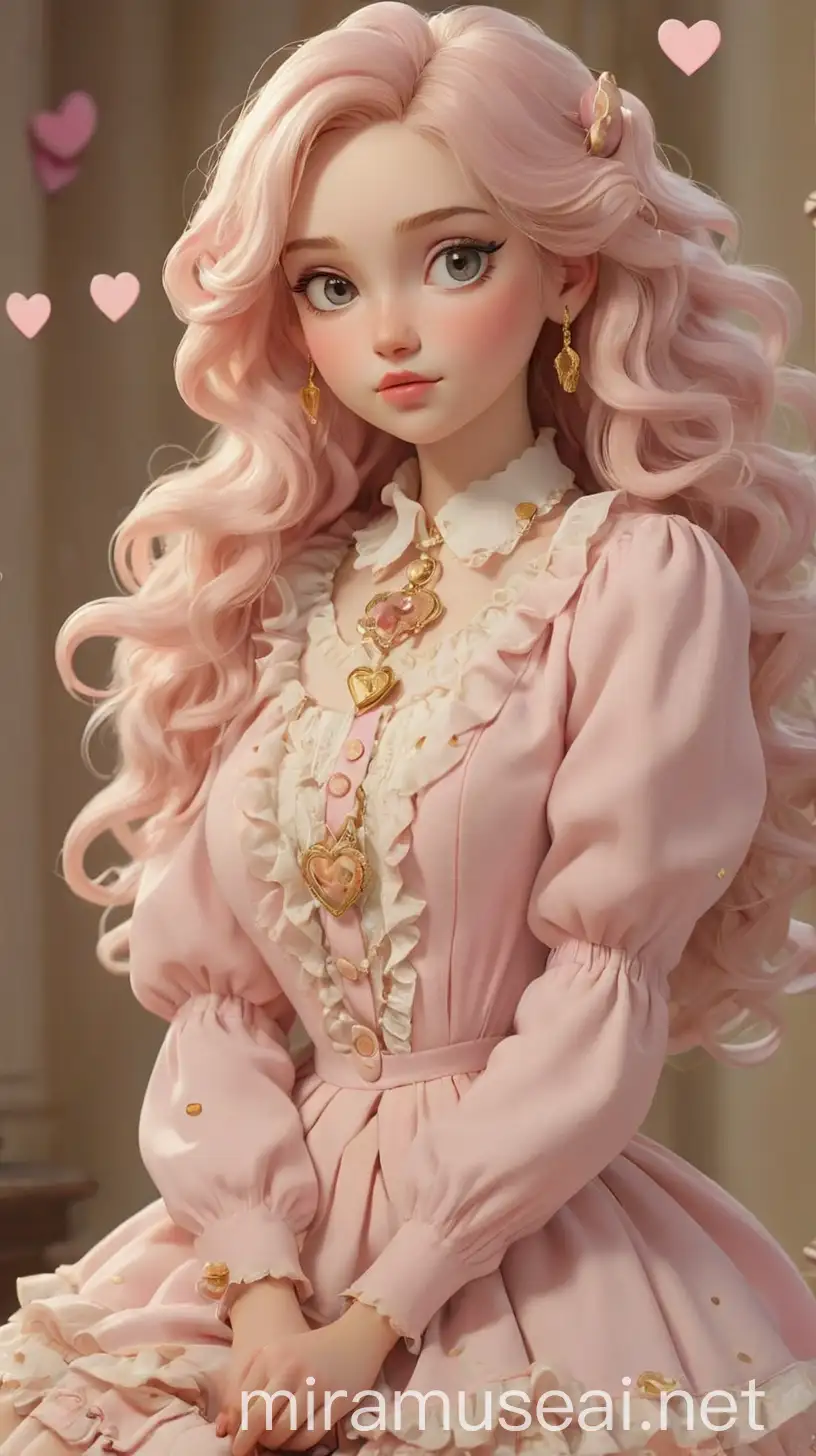Teenage Queen of Hearts is a vision of feminine allure, with her porcelain skin and rosy cheeks reminiscent of a blooming rose. Her hair, a cascade of soft curls the color of spun cotton candy, falls in gentle waves around her shoulders, adorned with delicate golden hairpins shaped like hearts. For her outfit, she adorns herself in a soft pink cardigan with delicate lace trim, adorned with golden heart-shaped buttons. Beneath, she wears a flowy white blouse with subtle ruffles at the collar, reminiscent of a love letter from a secret admirer. Her ruffle skirt, in shades of pink and adorned with intricate heart patterns, billows around her as she twirls with grace and elegance. On her feet, she wears chunky boot heels in a blush pink hue, decorated with tiny gold heart charms that jingle softly with each step. Around her neck, she wears a delicate gold necklace with a heart-shaped locket, symbolizing her loving and compassionate nature. Her makeup is soft and romantic, with rose-tinted cheeks and lips, accented by a subtle golden eyeshadow that highlights her sparkling eyes. Her nails are painted a delicate shade of pink, adorned with tiny golden hearts, a playful nod to her regal title. With her blend of lovecore, girl-next-door charm, and softgirl aesthetics, Teenage Queen of Hearts embodies the essence of modern-day princess chic. She is a vision of sweetness and warmth, ready to spread love and kindness wherever she goes, ruling her kingdom with compassion and grace. 