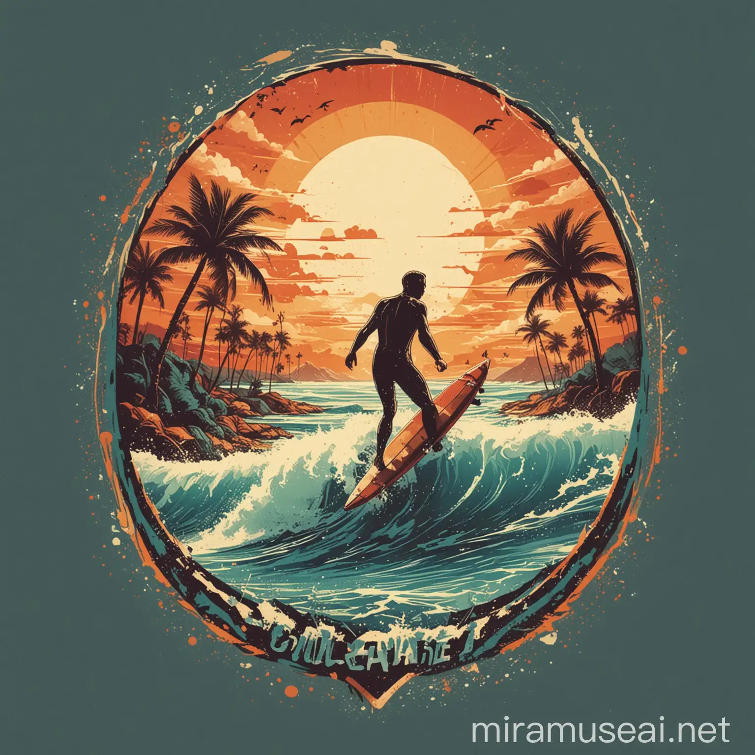 "Create a unique and vibrant illustration of surfing for a t-shirt design. The image should capture the exhilarating essence of surfing through a blend of dynamic waves, a surfer in mid-action, and abstract elements that symbolize freedom and adventure. Integrate a sunset backdrop with rich, warm colors, and use a mix of geometric shapes and flowing lines to give the design a modern, artistic twist. Incorporate elements such as a surfboard, palm trees, and ocean spray, ensuring the composition is balanced and eye-catching. The overall vibe should be energetic and inspiring, evoking the thrill of riding the waves and the beauty of the ocean."