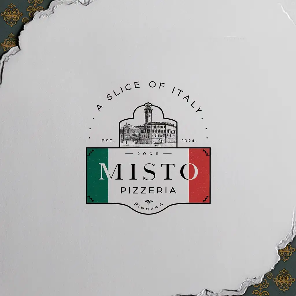 Misto Pizzeria, Minimalist, Emblem, Edge decoration, Italian  colors, Italy flag, Sketched Italian city, White background, EST 2024, Slogan, Slice of Italy, Antique, Authentic atmosphere.
