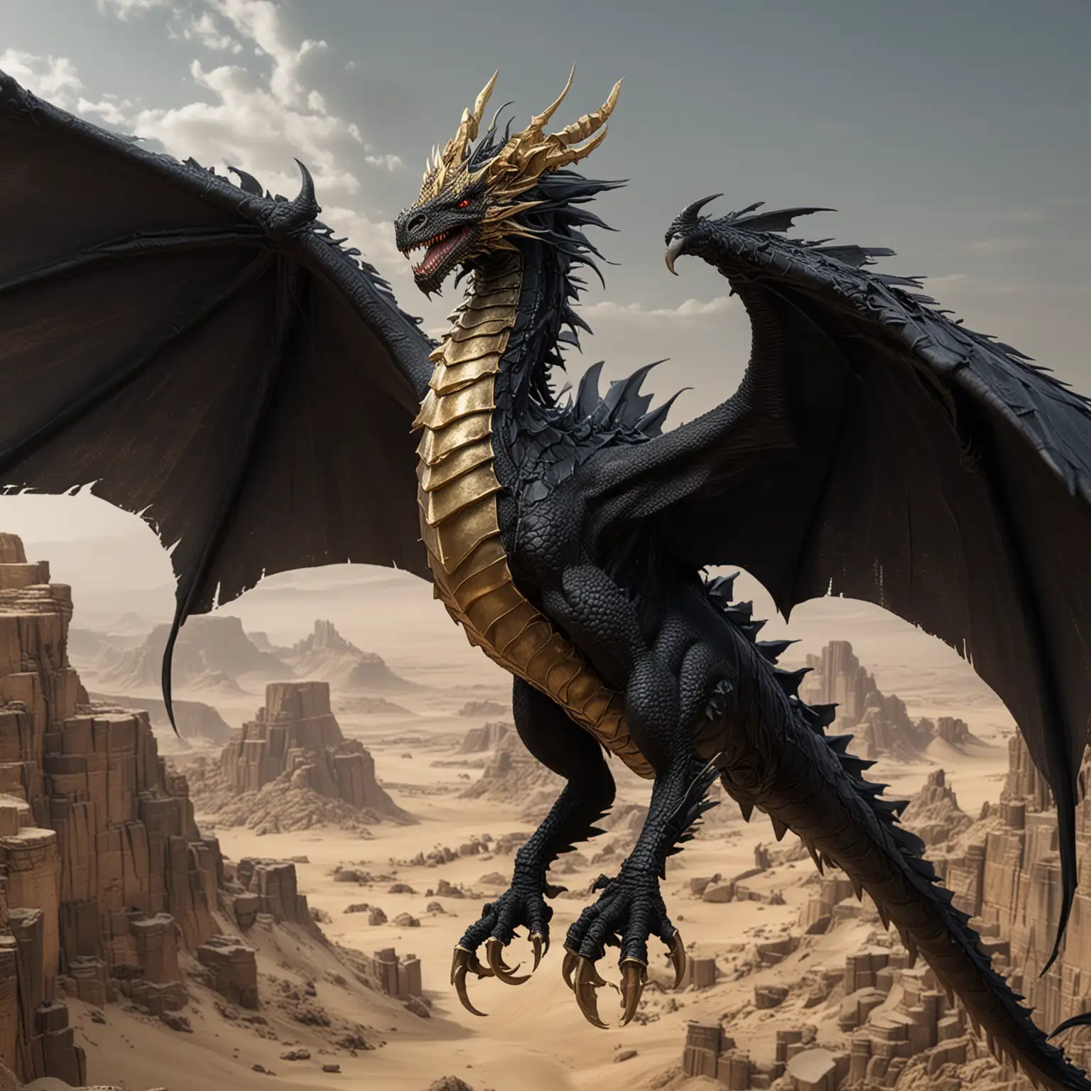 Fantasy black wyvern, winged arms, black scales and neck frills, gold horns, dragon rider saddle, desert prison