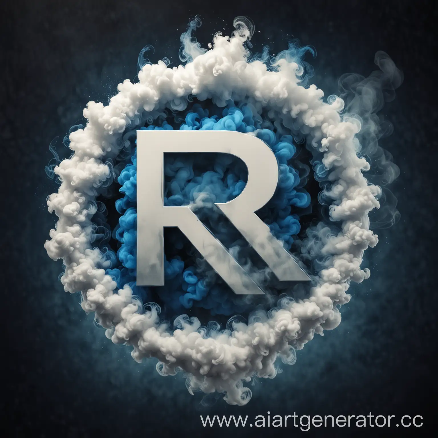 Круглая эмблема, в центре большая буква R, по кругу черный, синий и белый дым