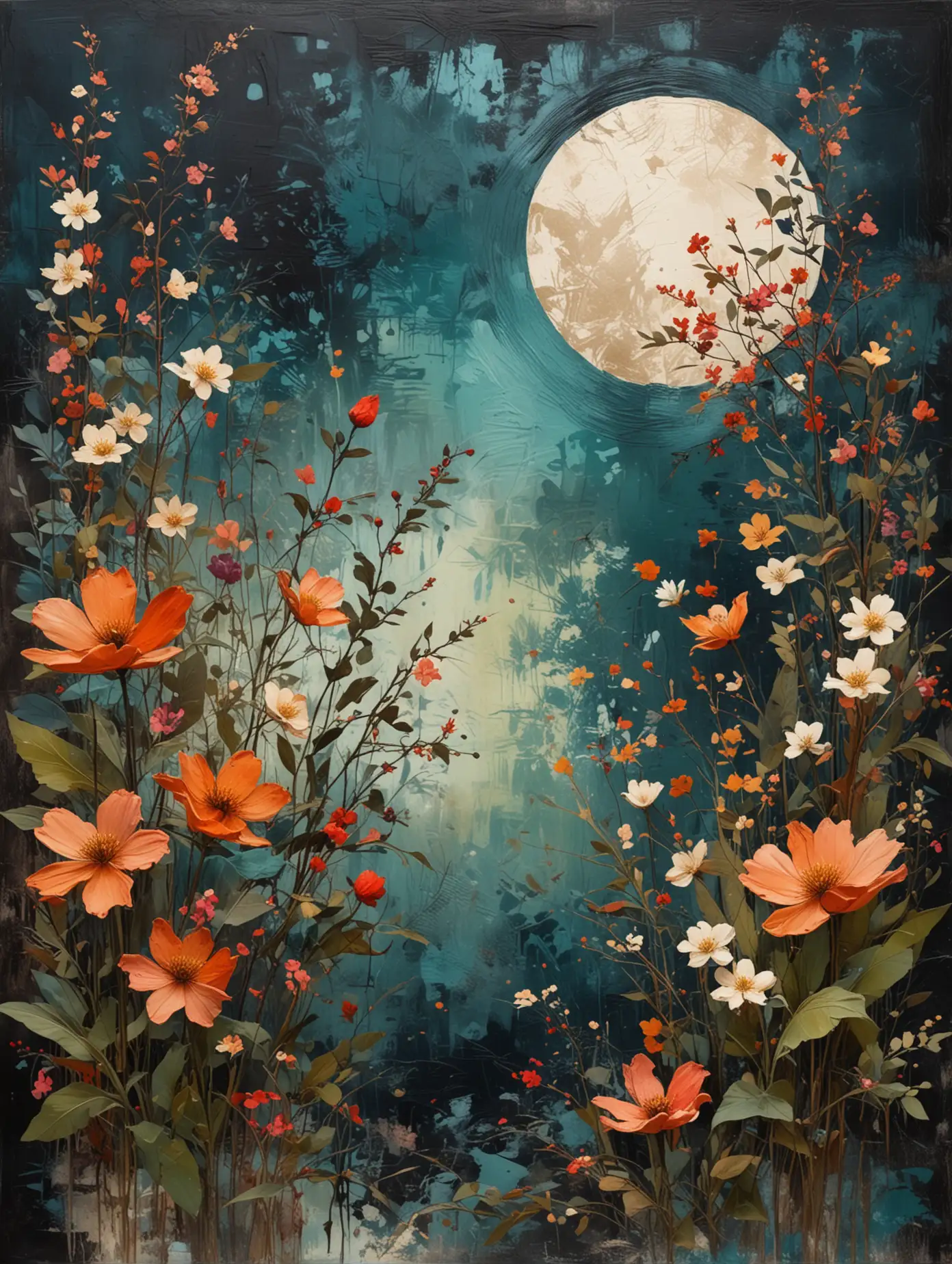 A modern art piece featuring stylized summer night and flowers, wabi-sabi style, in Japandi colors and abstract design, colorful background