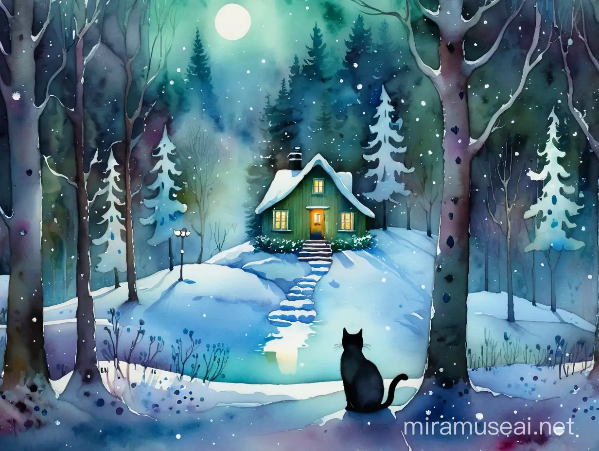 Winter Forest Scene with SnowCovered House and Playful Cat in Watercolour Style by Alexander Jansson